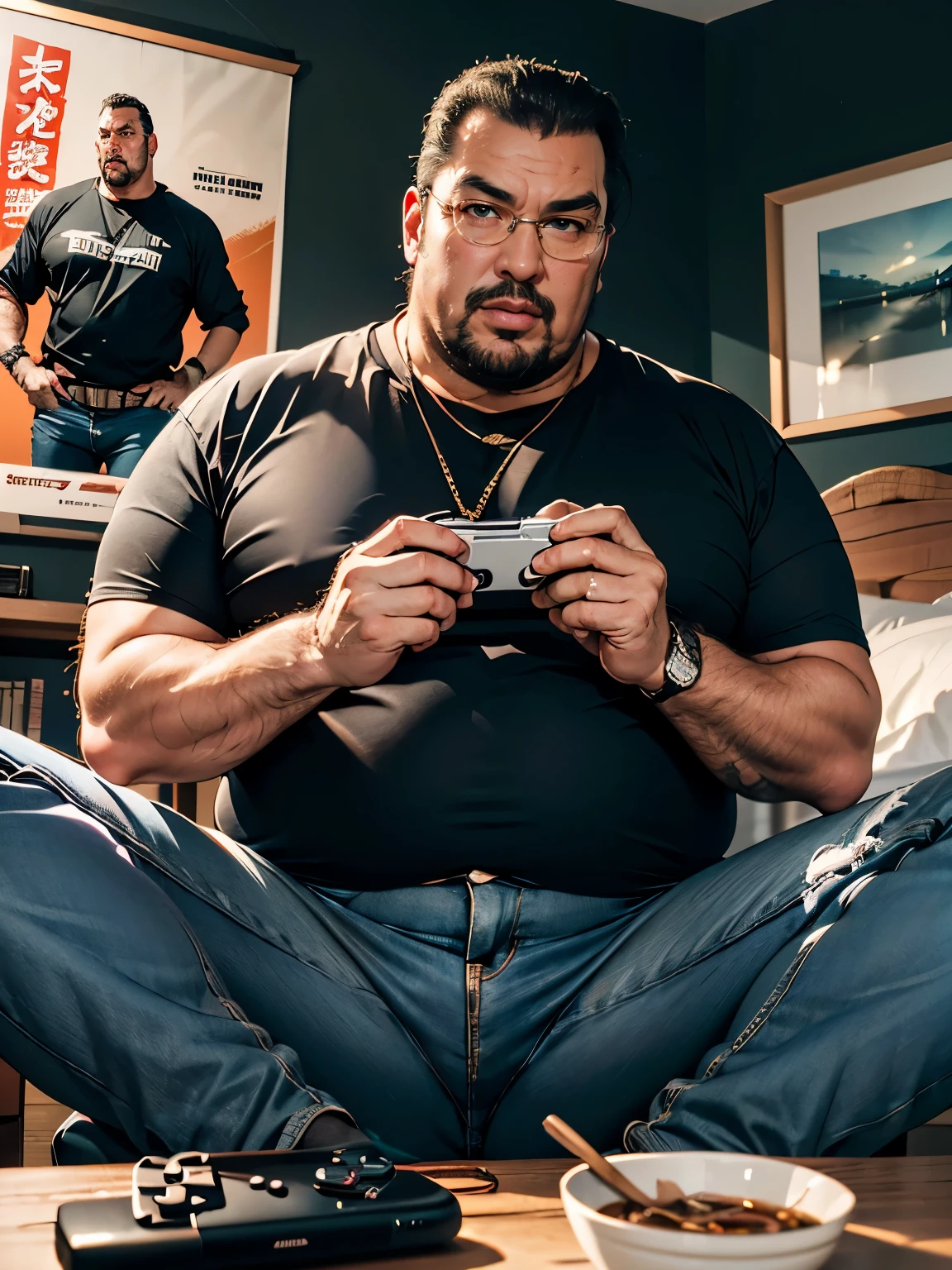 ((HD photo)), Hyper realistic, hires:1.4, 8k, a fat man / Steven seagal / 40 years old, sitting, eating ramen, badly fitting t shirt, overweight, nerd glasses, leering, stained jeans, dark bedroom, posters, game console, pc, dakimura, poorly lit, incel, anime nerd, neckbeard, dirty walls,