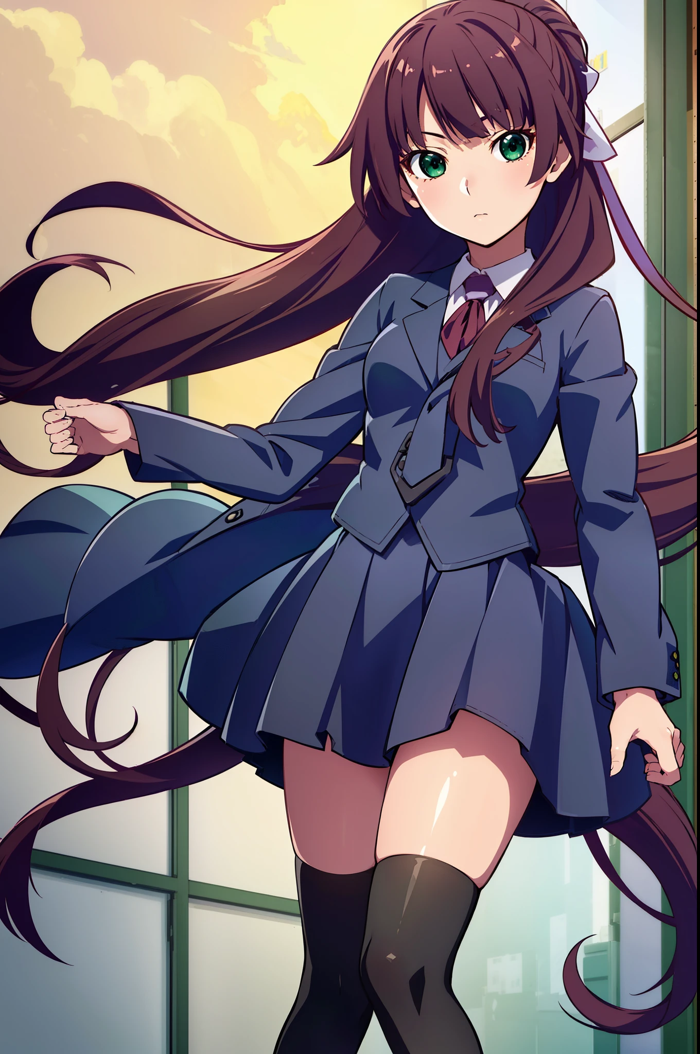 koukawa asukai, brown long hair, long hair, green eyes, large breasts,high school uniform,miniskirt, black pantyhose,score_9, score_8_up, score_7_up, perfect hands, perfect finger,perfect anatomy, masterpiece, best quality,realistic, hyperrealistic, 16k hdr,1 mature female,outdoor,high school,sun shine,strong wind,sweat,(red blush,angry:1.2),(POV holding vibrator remote),(from behind,ass.looking back:1.2),(strong wind:1.1)