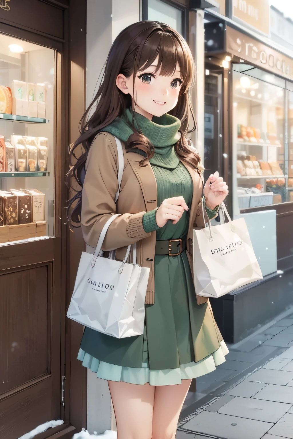（In 8K, best quality, muste piece:1.2)、ultra high resolution,super detailed face,detailed eyes,Brown eyes,Brown hair,wavy hair,blunt bangs,split lighting,brown skirt,(brown:1.5),mint green cable pattern sweater,(mint green:1.3),standing with a paper bag、smile,detailed hand fingers,BREAK, snow is scattered,Accumulated snow、In front of Godiva store