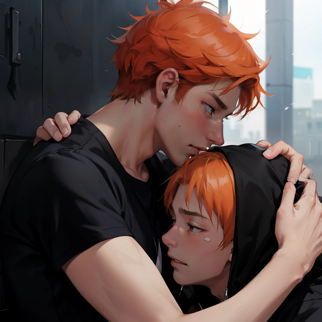 Orange-haired 15-year-old cries with sadness because his friend has died