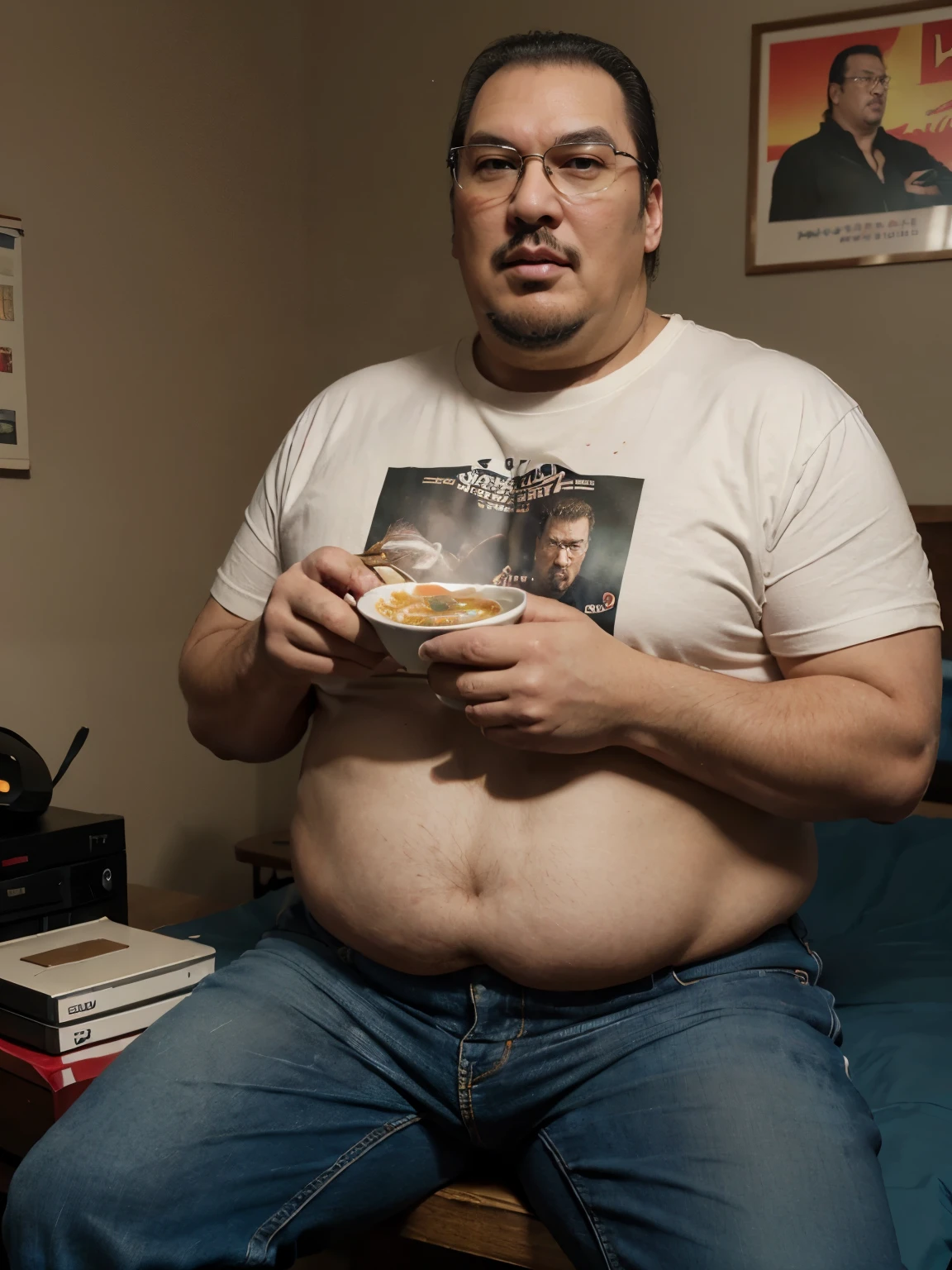 ((HD photo)), Hyper realistic, hires:1.4, 8k, a fat man / Steven seagal / 40 years old, sitting, eating ramen, badly fitting t shirt, overweight, nerd glasses, leering, stained jeans, dark bedroom, posters, game console, pc, dakimura, poorly lit, incel, anime nerd, neckbeard, dirty walls,