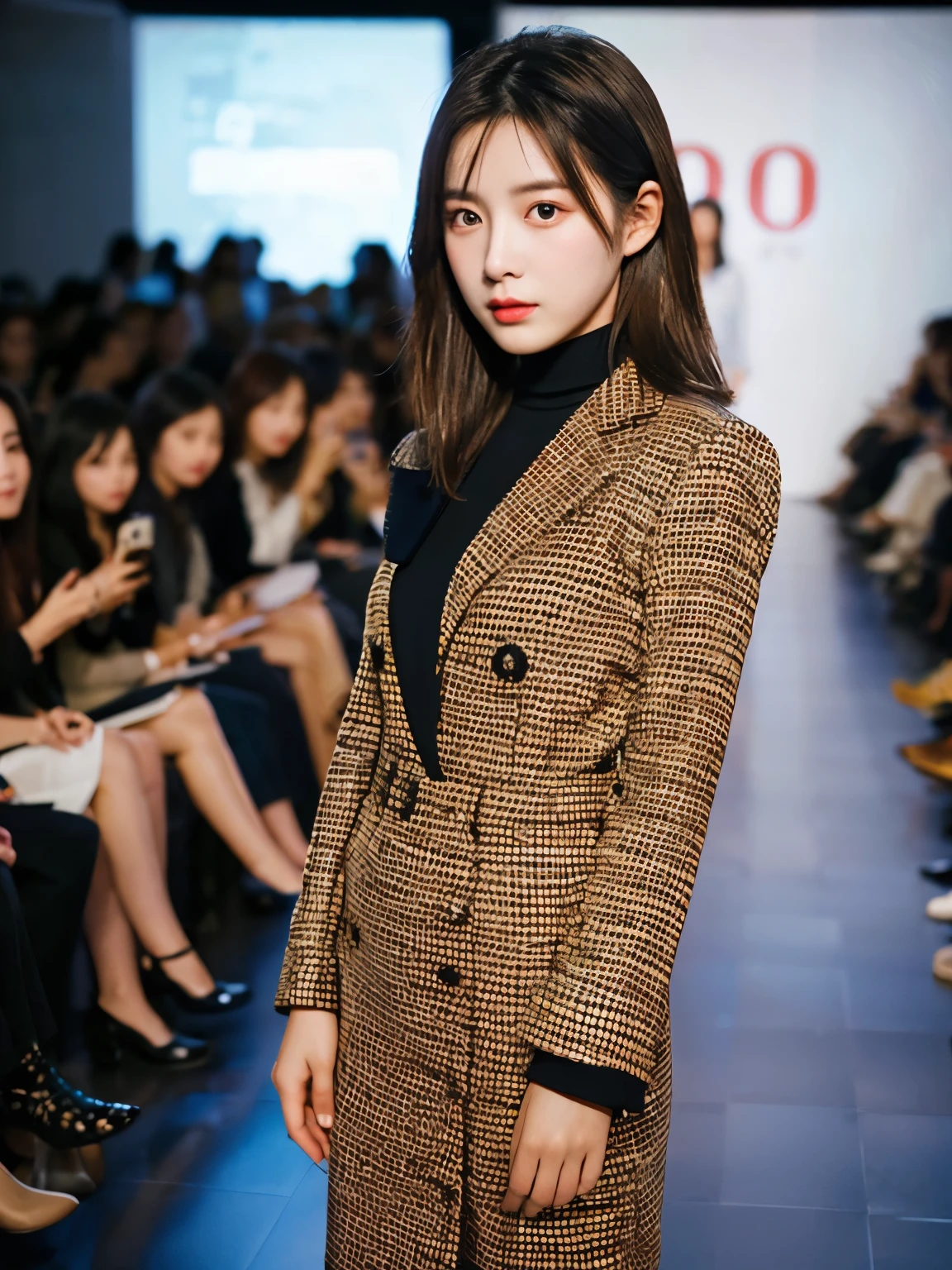 (full BODY)、korean idol、dignified expression、beautiful face、perfect face、korean girl、cute face、beautiful face、(Drooping eyes)、thin lips、brown hair、bob hair、whole body、detailed facial features、detailed eyes、atmospheric lighting、Kodak Portra 800 Film SMC Takumar 35mm F/ 2. 8 c 50、2018年 BREAK fashion show,audience in blurry background,dark color scheme,red accents,(geometric patternpatterns on clothes:1.3),shiny floor surface,glossy marble-like floor,(audience,camera,smartphone),bokeh,(sense of depth),(long shot),