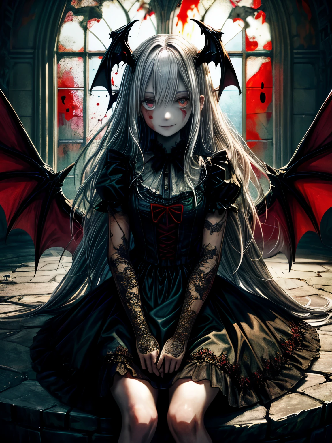 Very detailed wallpaper, Super detailed details, Detailed shadows, Very precise and detailed, Extremely detailed 8K wallpapers, Very beautiful 8KCG wallpaper,an old abandoned church. a girl sits down. Her black dress is in tatters，There are stains in many places. Her white hair is dull, long and disheveled. Light enters through the cracked stained glass windows.There are demon horns on the head.There are bat wings on the back.fangs,(best lighting, extremely delicate and beautiful),(best lighting, extremely delicate and beautiful), (Beautiful and delicate face), (Detailed eyes and detailed face:1.2), dark fantasy,  alone, cute smile, white hair, dynamic angle, vampire), (gaint vampire castle in background),  (red moon, Red sky), Pointy_ear, fangs, Demon Wings, devil horns, There is blood on the face, Rain of blood, blood mist, (depth of field), high contrast, (blood spatter:1.4), cowboy shooting, whole body,Little bear doll