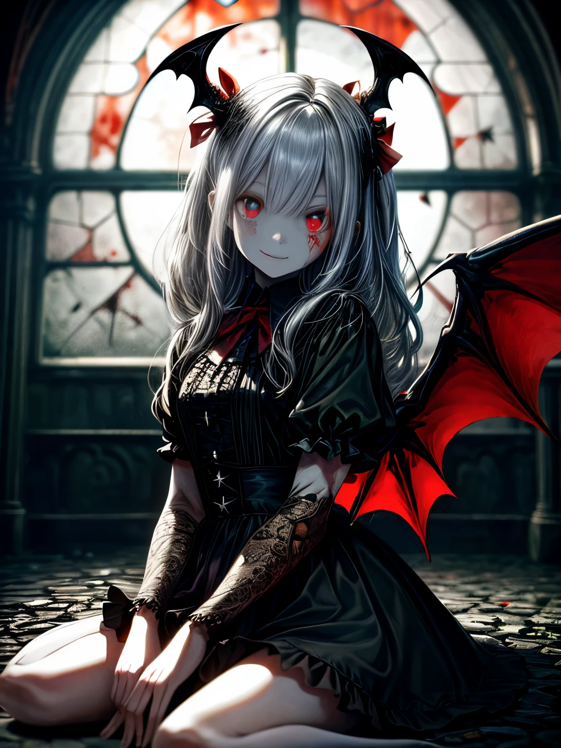 Very detailed wallpaper, Super detailed details, Detailed shadows, Very precise and detailed, Extremely detailed 8K wallpapers, Very beautiful 8KCG wallpaper,an old abandoned church. a girl sits down. Her black dress is in tatters,There are stains in many places. Her white hair is dull, long and disheveled. Light enters through the cracked stained glass windows.There are demon horns on the head.There are bat wings on the back.fangs,(best lighting, extremely delicate and beautiful),(best lighting, extremely delicate and beautiful), (Beautiful and delicate face), (Detailed eyes and detailed face:1.2), dark fantasy, alone, cute smile, white hair, dynamic angle, vampire), (gaint vampire castle in background), (red moon, Red sky), Pointy_ear, fangs, Demon Wings, devil horns, There is blood on the face, Rain of blood, blood mist, (depth of field), high contrast, (blood spatter:1.4), cowboy shooting, whole body,Little bear doll