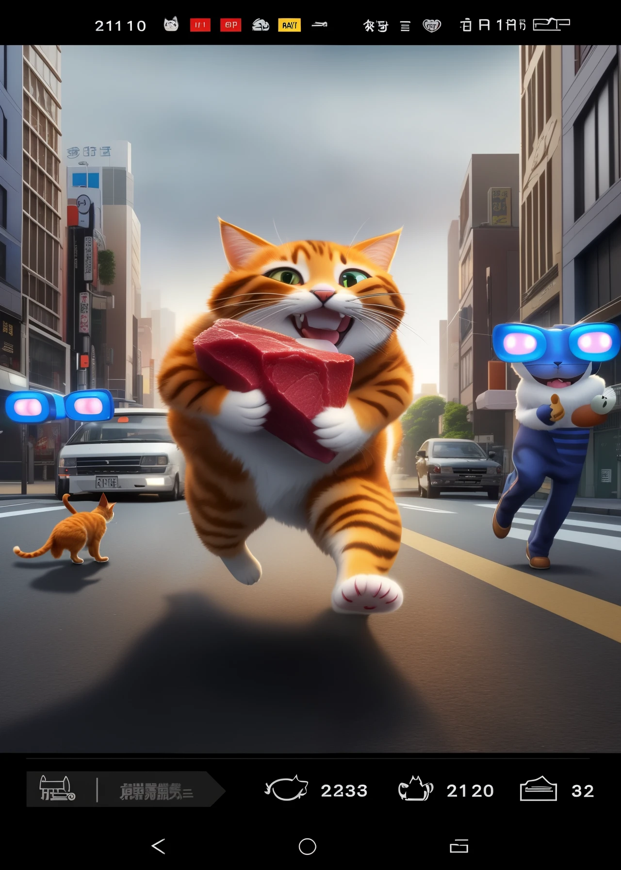 There is a cat biting a big steak,Run in the street, real-life Tom and Jerry, new cat, running cat, Tom and Jerry, cats attacking tokyo, hybrid of mouse and cat, catdog, disney's bambi cat, real person, the cat is walking, run for your life, cats , Garfield, very very realistic,32k HD resolution