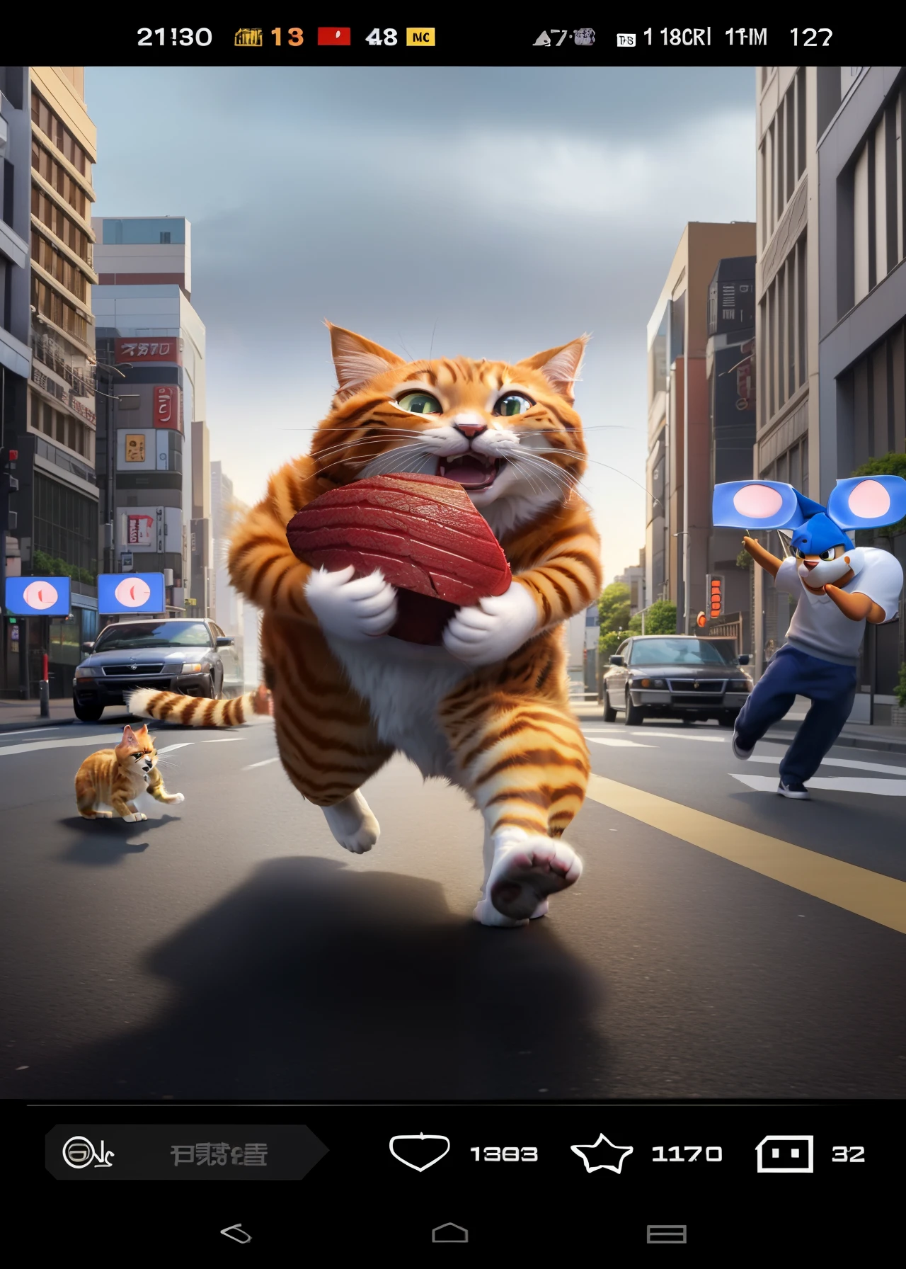 There is a cat biting a big steak,Run in the street, real-life Tom and Jerry, new cat, running cat, Tom and Jerry, cats attacking tokyo, hybrid of mouse and cat, catdog, disney's bambi cat, real person, the cat is walking, run for your life, cats , Garfield, very very realistic,32k HD resolution