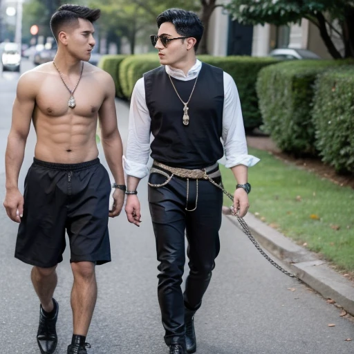 boy walking a man , man wearing chain harness