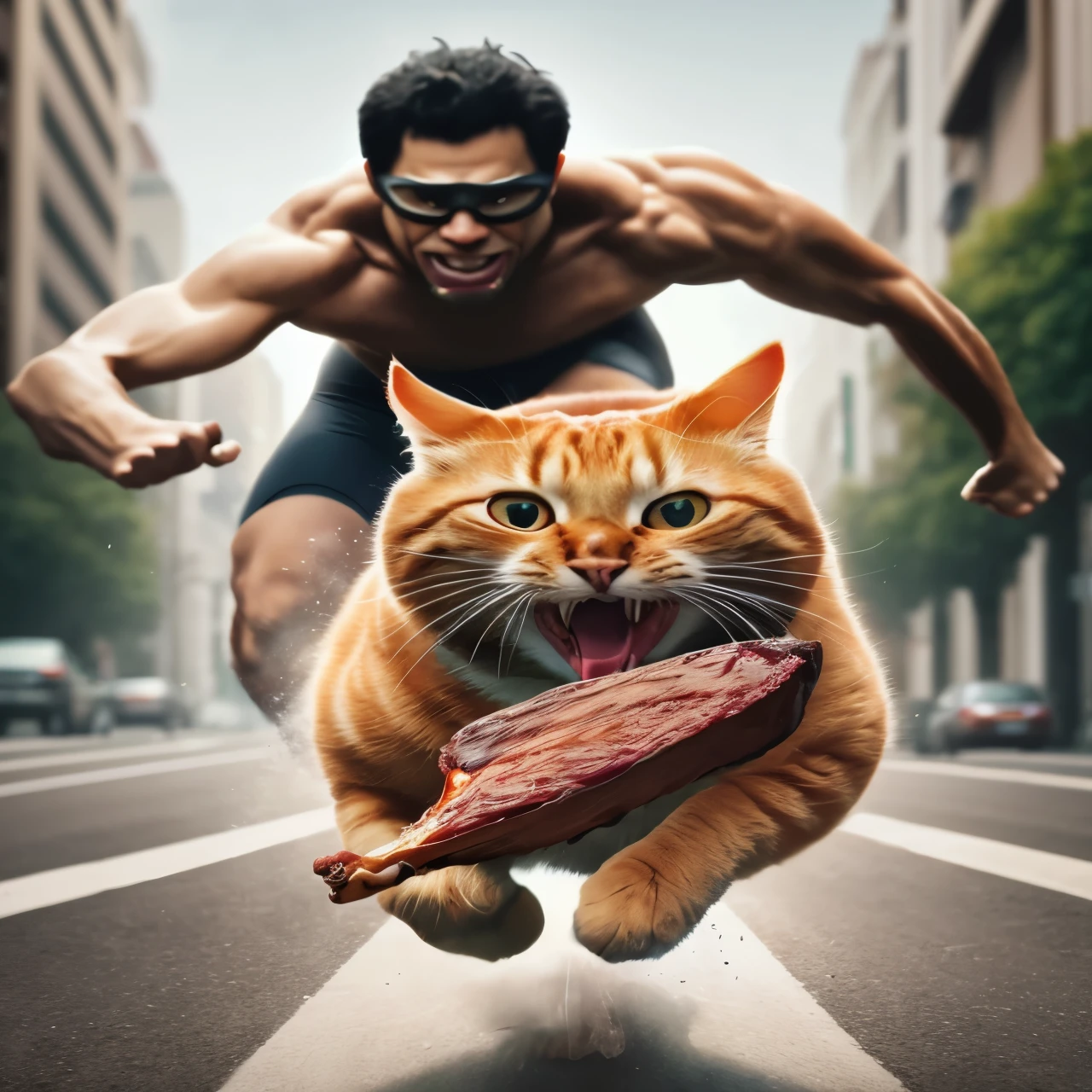 There is an orange cat running with a hot dog in its mouth, running cat, fat cat superhero, photo manipulation, catdog, creative photo manipulation, Superhero with cat head, run for your life, eating meat, Cats eat, Cat - Superman, cats attacking tokyo, Humorous illustration, Inspired by Chris Labroy, Cat Samurai, photo manipulation,32k HD
