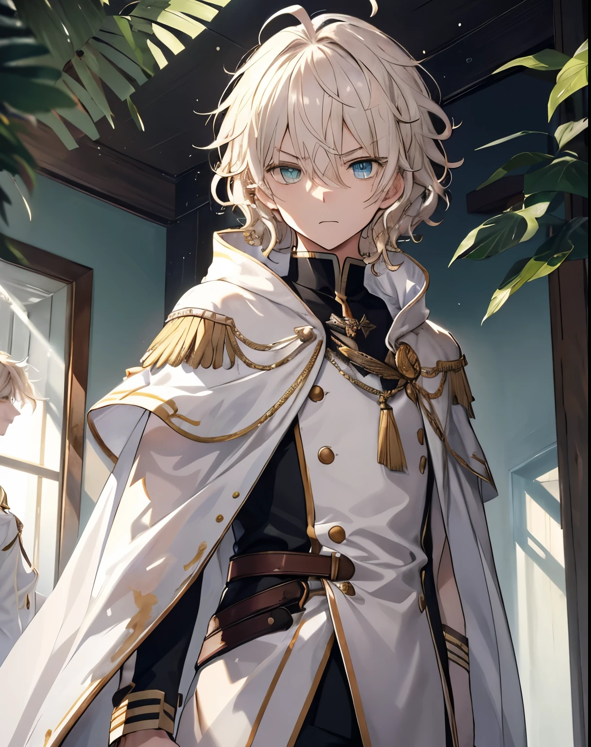 masterpiece, 1men, sparrow, a silver blonde haired men, wearing a noble military uniform, curly medium hair, messy hair, slim body, wearing golden capelet with white hoody, he close her left eye, shirt ornament, angry expression,  aqua eyes, stand at forest, ahoge, he wearing her hoody, 