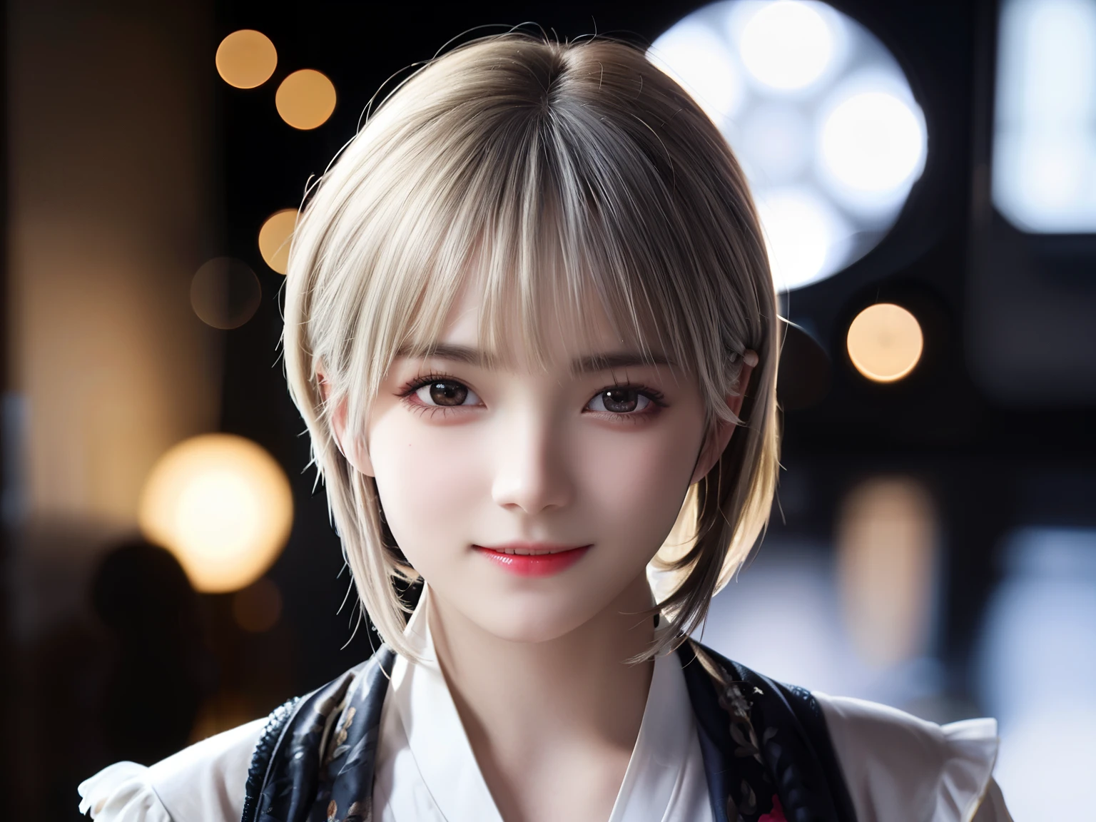 silver hair、Ulchan-6500-v1.1, (Photoreal:1.4), and soul、anime style、smile、portrait、beautiful, Moist eyes like clear glass、beautiful detailed woman, very detailed目と顔, beautiful detailed eyes,huge file size, super detailed, High resolution, very detailed, highest quality, masterpiece, enlightenment, very detailed, nffsw, Unite, 8k wallpaper, wonderful, finely, masterpiece, highest quality, Hvery detailed ticker uniform 8K wallpaper, light shines on your face、movie lighting、16 year old girl