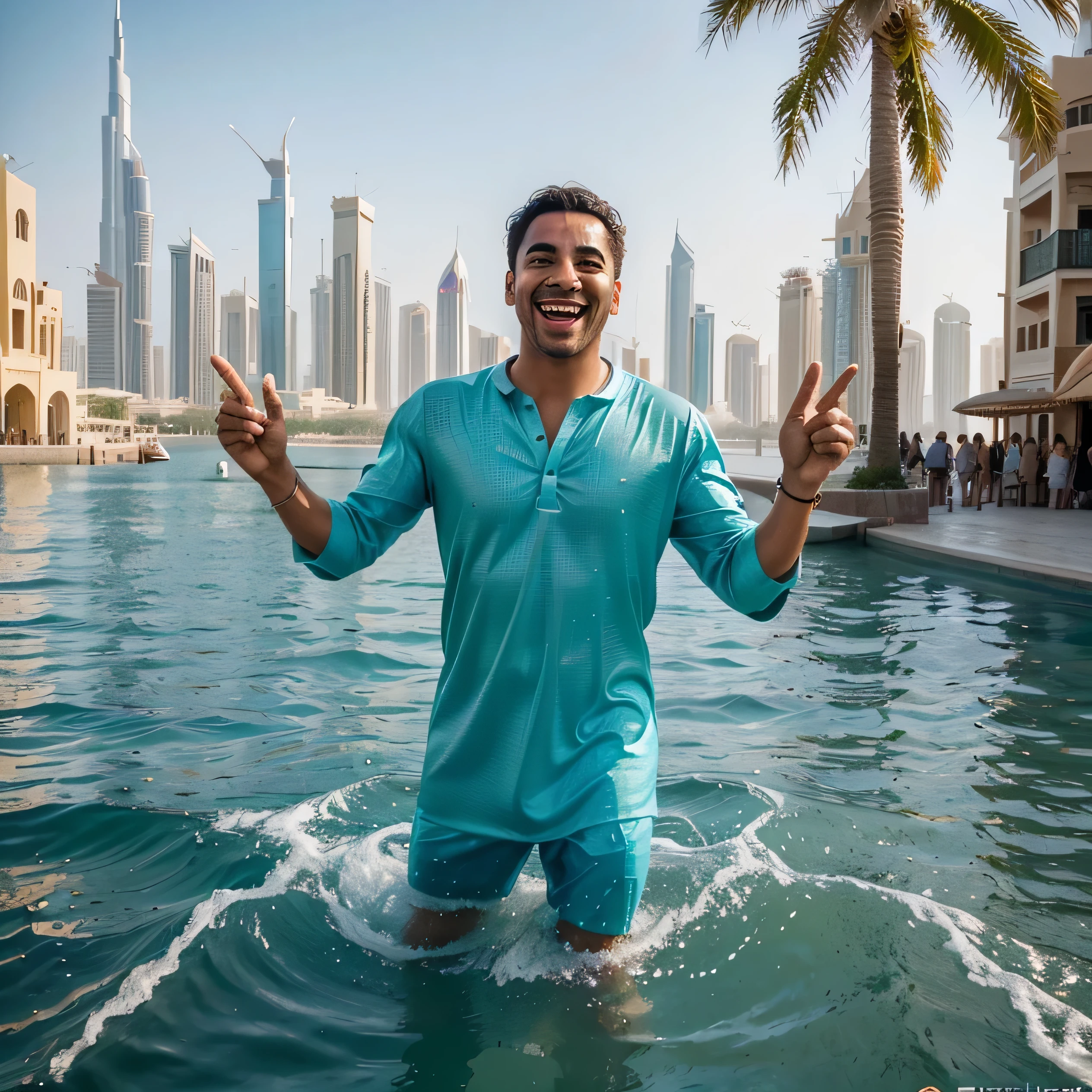 Generate an uplifting image set against the backdrop of Dubai's mesmerizing skyline, depicting a jubilant man experiencing the pinnacle of joy during his dream vacation. Envision him immersed in a world of luxury and delight, with a wide smile adorning his face as he explores the city's iconic landmarks and indulges in its opulent experiences. Capture the essence of his happiness as he revels in the warmth of the sun, the shimmering waters of the Persian Gulf, and the vibrant energy pulsating through the bustling streets. Infuse the image with a sense of carefree bliss and infectious enthusiasm, radiating the sheer joy of experiencing Dubai's unparalleled charm and boundless possibilities. Let the viewer be drawn into the scene, feeling the infectious happiness that permeates every moment of this unforgettable journey.