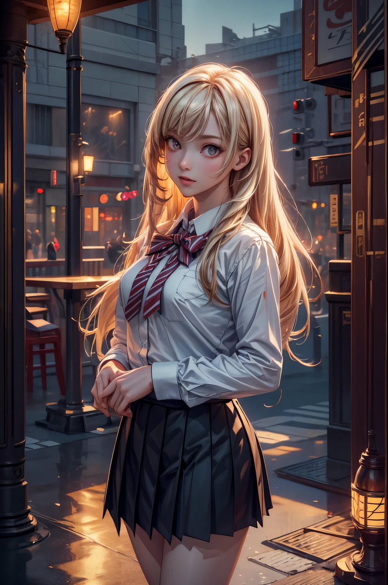 (masterpiece), highest quality, ultra high resolution, close, Because I'm slender, 1 girl,school uniform, long hair, laughter, Laji, night, Background of Tokyo Restaurant, colorful lights, photon mapping, radio city, Physically based rendering, cinematic lighting, Complex, high detail, sharp focus, dramatic, realistic