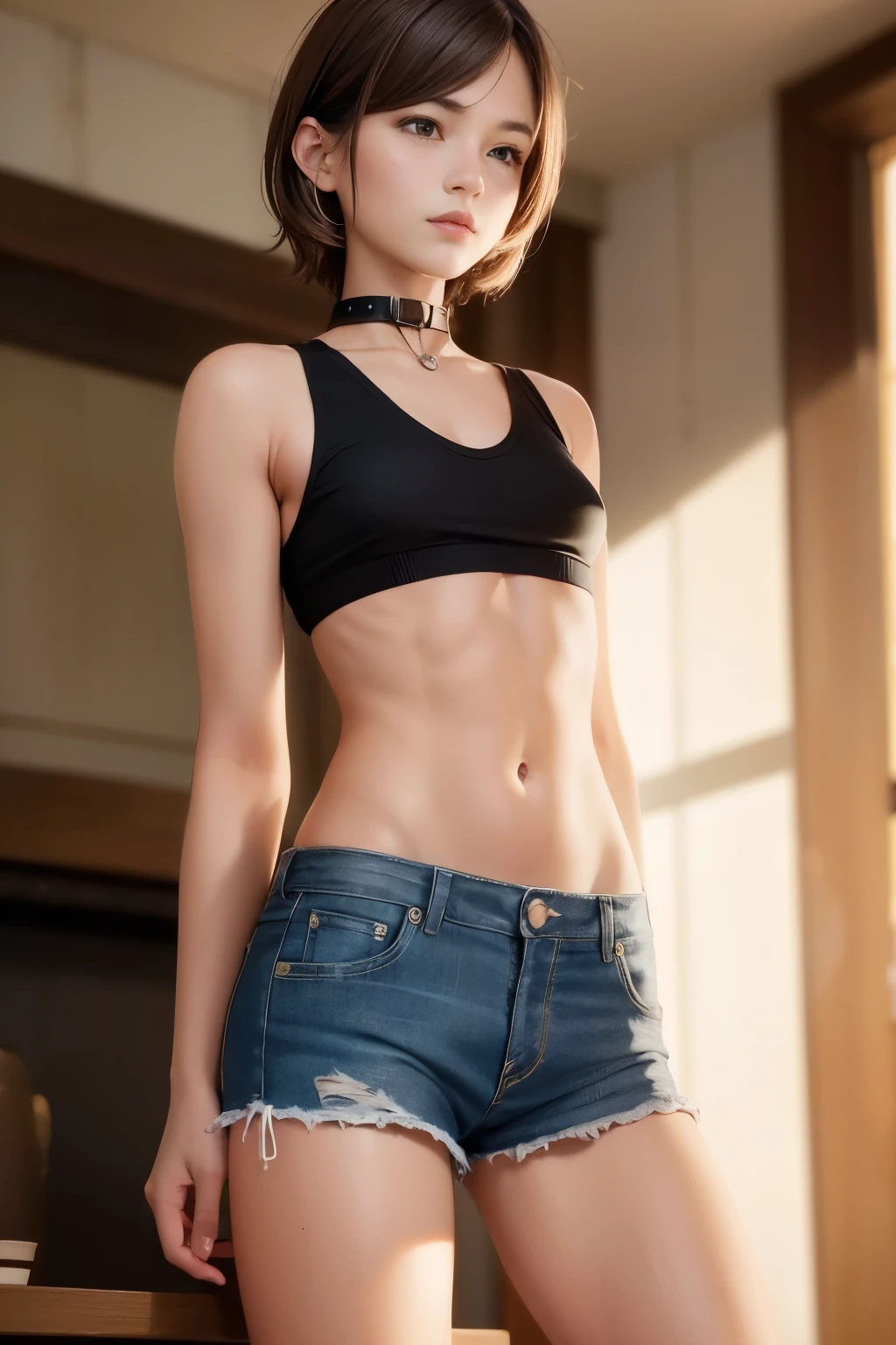 ((Medium chest, Tomboy, small head)), dawn, sunlight, (chiseled abs : 1.1), (perfect body : 1.1), (short wavy hair : 1.2) , auburn hair, collar, Lock, full body shot, crowded street, wearing black tanktop, jean jacket, ((shorts)), (Highly detailed CG 8k wallpaper), (very delicate and beautiful), (masterpiece), (highest quality:1.0), (ultra High resolution:1.0),  beautiful lighting ,perfect lightning, realistic shadow, [High resolution], fine skin, super detailed 