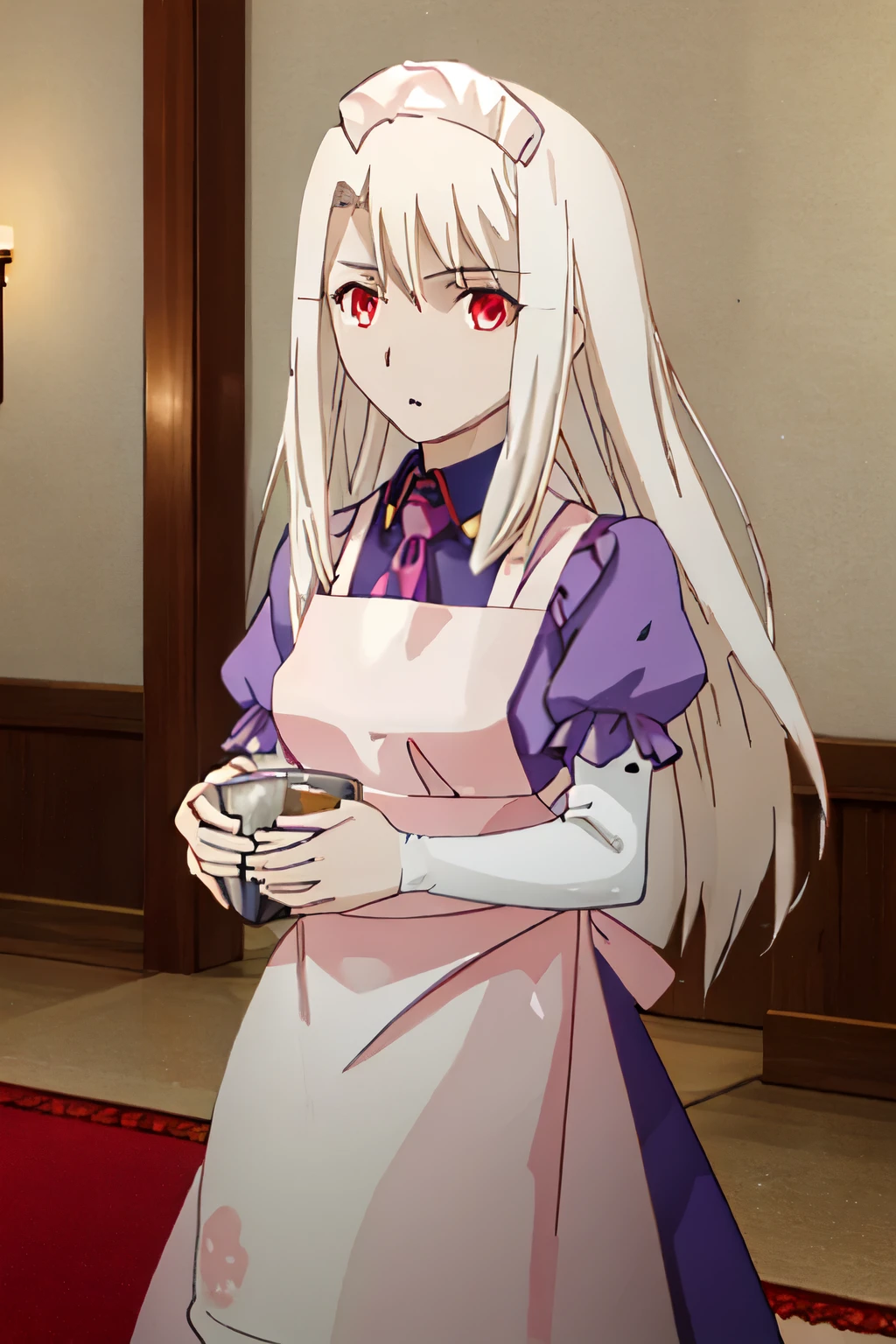 highest quality, masterpiece, High resolution, alone, {Ilyasviel_from_Einzbern_FatestayNightuFotable:1.15}, length_hair, white_hair, red_eye, 前hair, hair_between_eye, 1 girl, closed_mouth, parody, portrait, apron,anime_Coloring, 