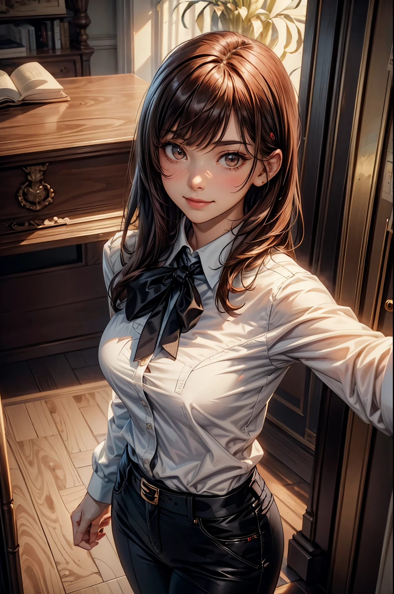 big breasts,masterpiece, highest quality, super detailed, figure, epic lighting, cinematic composition, isometric, 1 girl, alone, cute, brown eyes, black hair, flowing bangs, single sidelock, red hairclip, white collared shirt, black tie, black pants, formal, captivating gaze, seductive pose, indoors, office, door, opening door, looking at the viewer, peeking out upper body, blush, enchanting smile, closed mouth,(8K:1.1),
