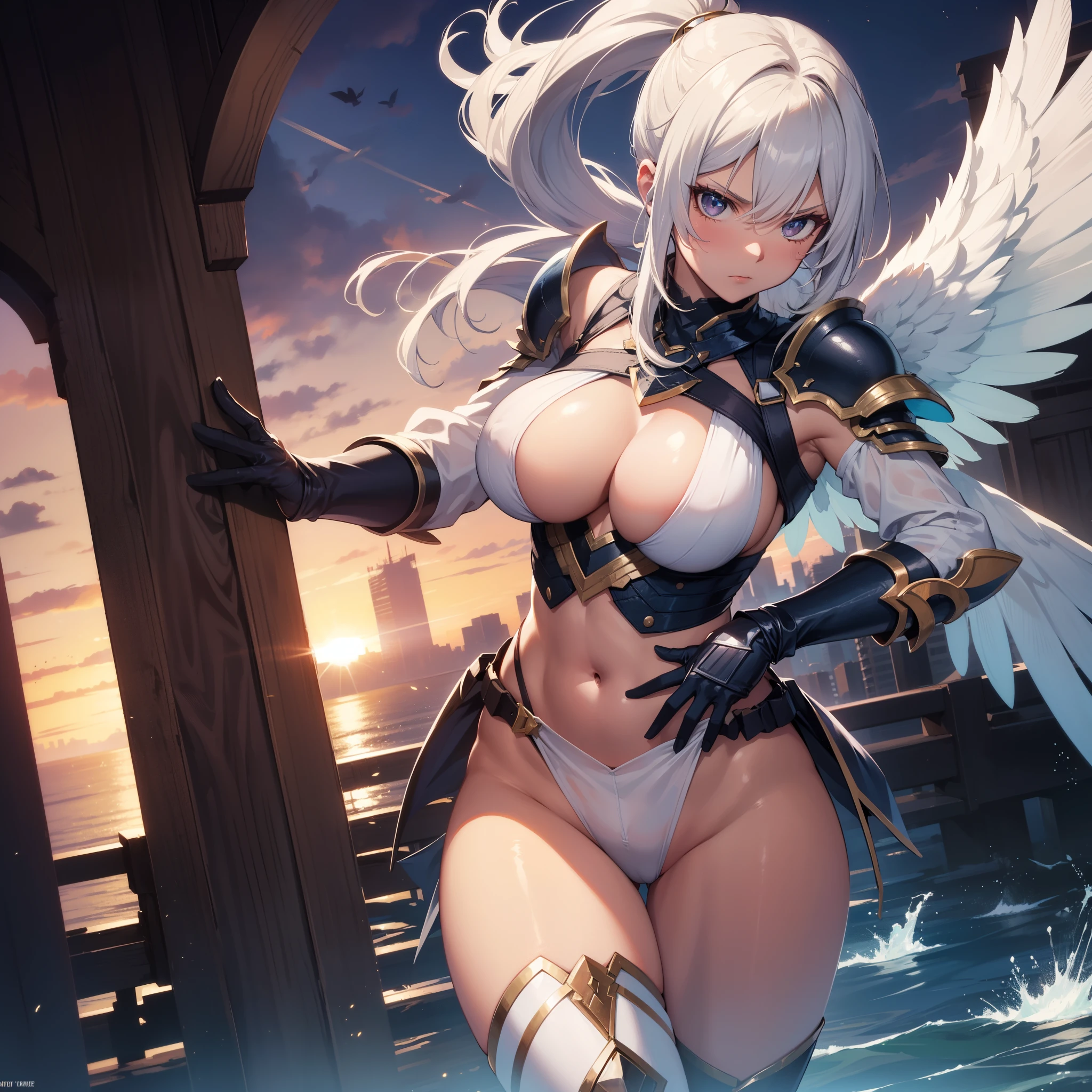 fantasy, 1angel_girl, teen, brown_ponytail_hair, (dark_skin:1.1), bare_shoulder, navel, thigh,silver_shiny_armor, white_clothes,waist_armor, glebe, hold_swords, big_tits, angry, dynamic_fighting_pose, floating, (1pair_white_wings:1.2), sunrise_city_background,(pelvic_curtain:1.3), headgear, large_ass,apart_legs,solo,nsfw