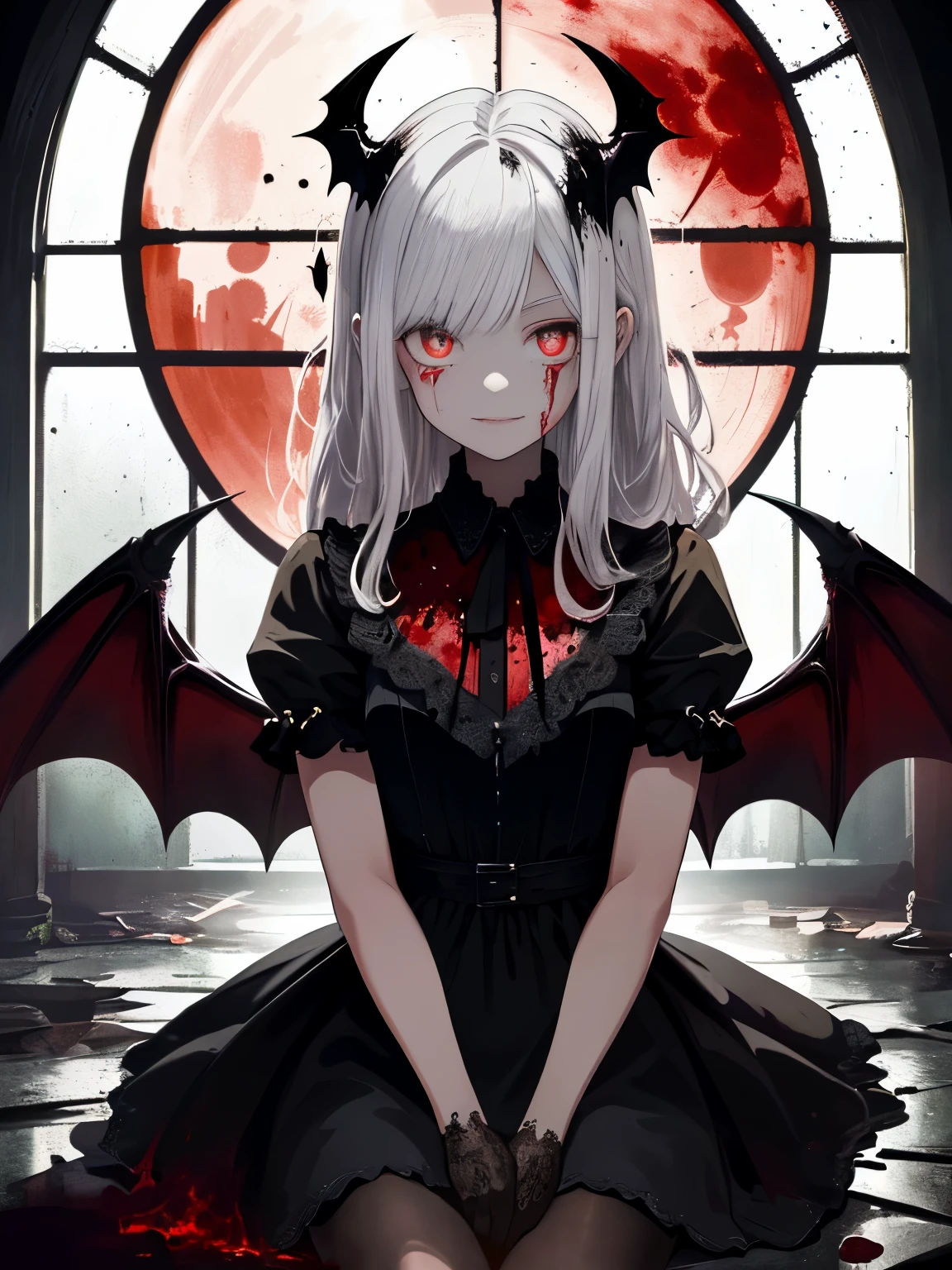 Very detailed wallpaper, Super detailed details, Detailed shadows, Very precise and detailed, Extremely detailed 8K wallpapers, Very beautiful 8KCG wallpaper,an old abandoned church. a girl sits down. Her black dress is in tatters，There are stains in many places. Her white hair is dull, long and disheveled. Light enters through the cracked stained glass windows.There are demon horns on the head.There are bat wings on the back.fangs,(best lighting, extremely delicate and beautiful),(best lighting, extremely delicate and beautiful), (Beautiful and delicate face), (Detailed eyes and detailed face:1.2), dark fantasy,  alone, cute smile, white hair, dynamic angle, vampire), (gaint vampire castle in background),  (red moon, Red sky), Pointy_ear, fangs, Demon Wings, devil horns, There is blood on the face, Rain of blood, blood mist, (depth of field), high contrast, (blood spatter:1.4), cowboy shooting, whole body,Little bear doll