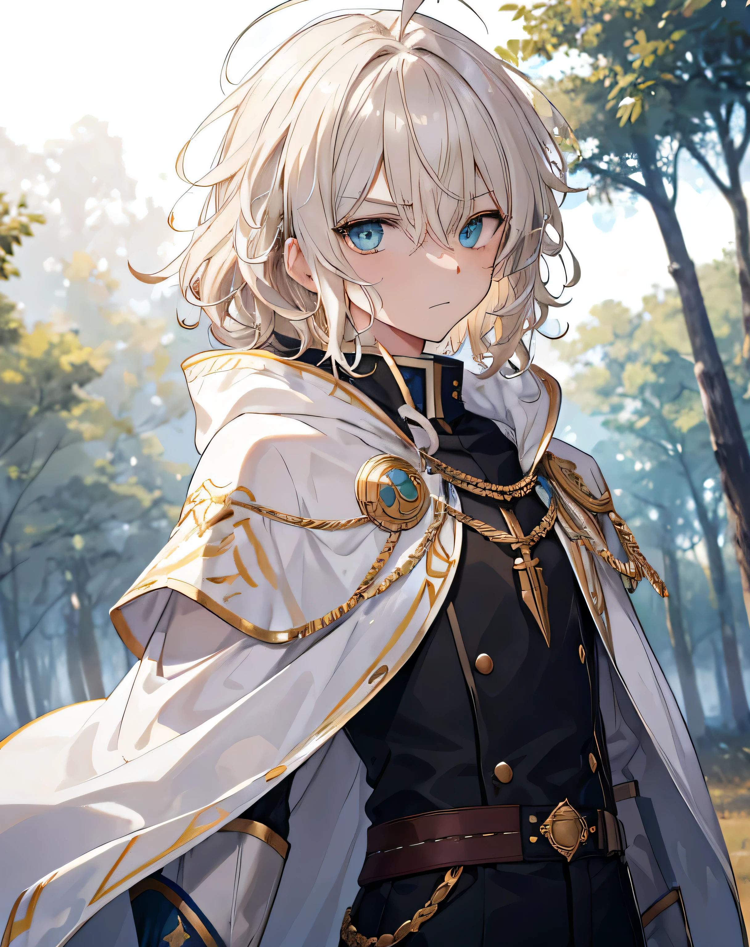 masterpiece, 1men, sparrow, a silver blonde haired men, wearing a noble military uniform, curly medium hair, messy hair, slim body, wearing golden capelet with white hoody, he close her left eye, shirt ornament, angry expression, aqua eyes, stand at forest, ahoge, he wearing her hoody,
