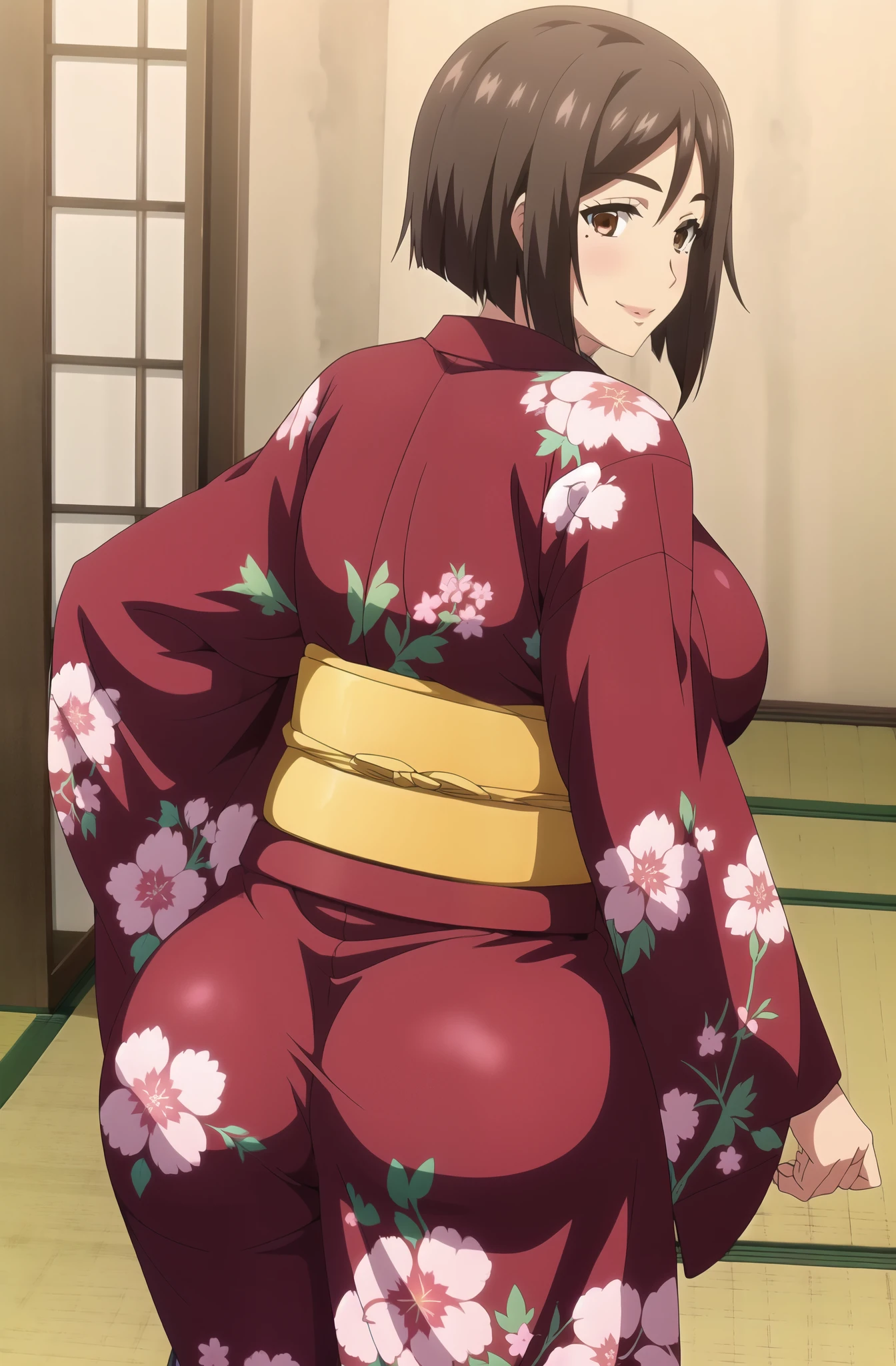 master piece, cowboy shot, upper body, slosed up, smile, bend over, from behind, 1girl, solo, looking at viewer, short hair, large breasts, huge ass, pantyline,  BROWN hair, brown eyes, standing, sexy pose, large breast, thick body, flower, japanese clothes, indoors, RED kimono, mole, sash, mole under eye, obi, seiza, red kimono,
