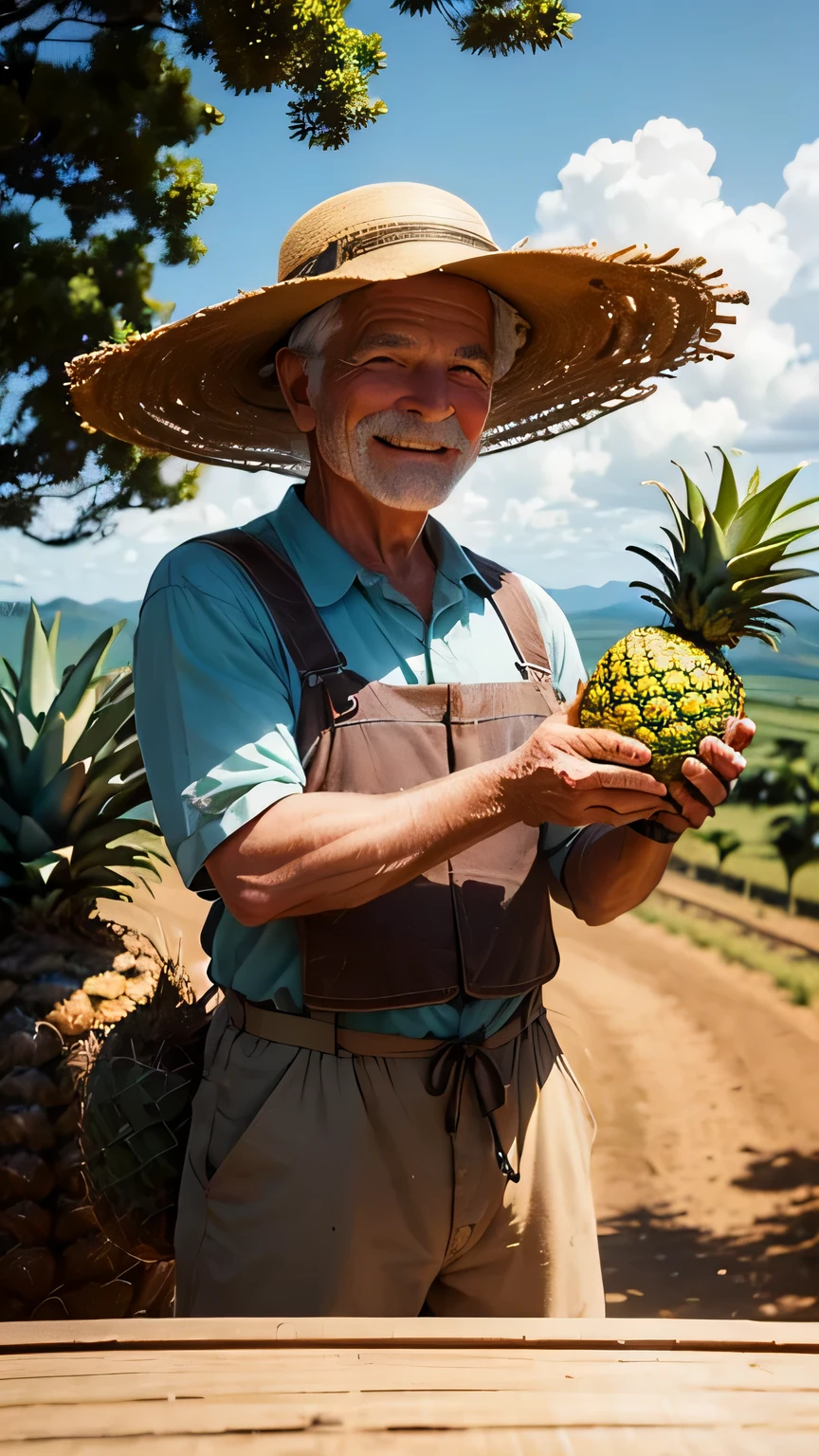 (Homem do campo, idade 60 anos), (Smiling farmer with hat), (holding a pineapple in your hands), pineapple plantation fund, trator ao fundo, casa de fazenda ao fundo, luz de entardecer, ultra realista, hd, complexo, poster