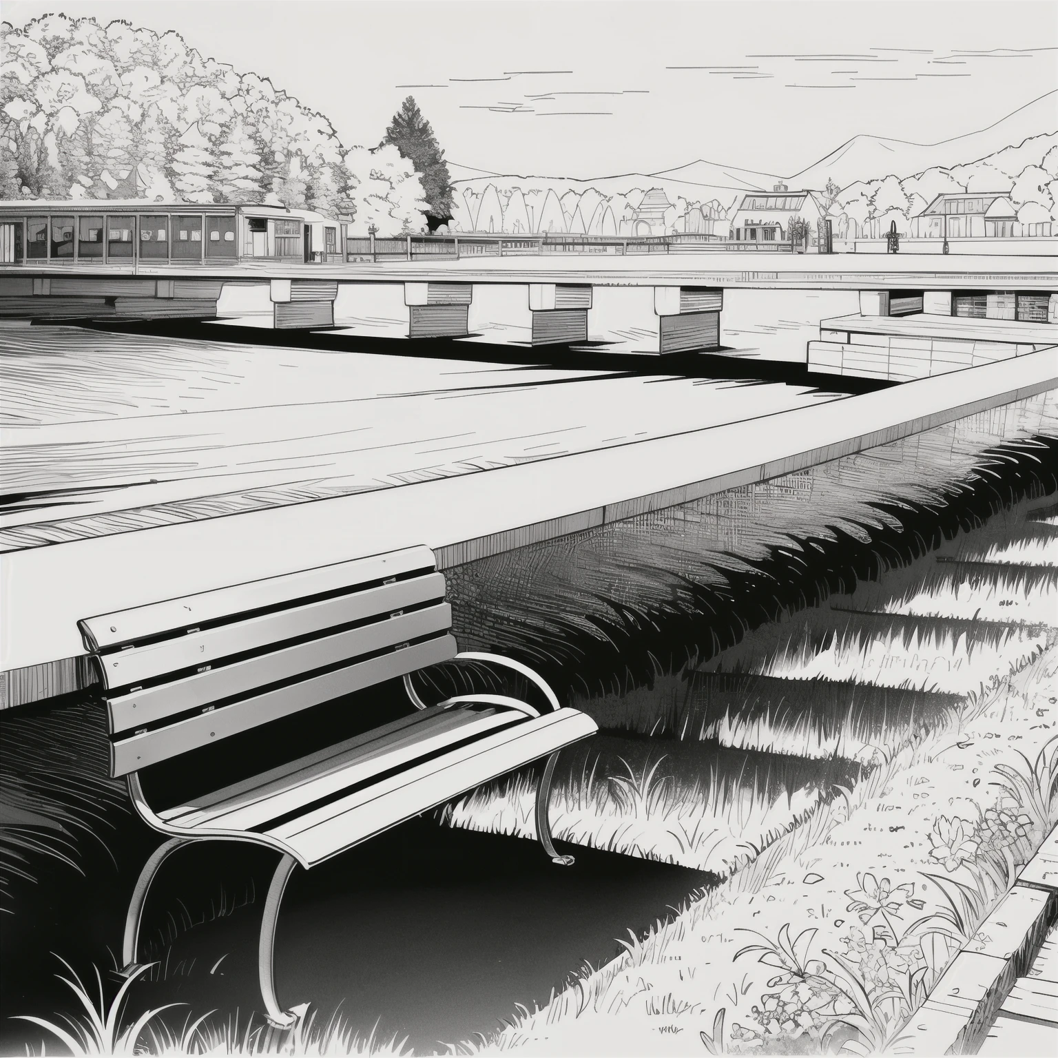 (masterpiece, best quality:1.2), (line drawing), ((monochrome)), river and bench