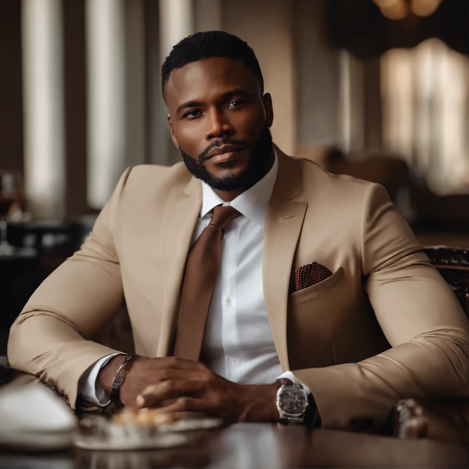 A handsome black businessman in a luxurious setting during the day, conveying confidence and determination