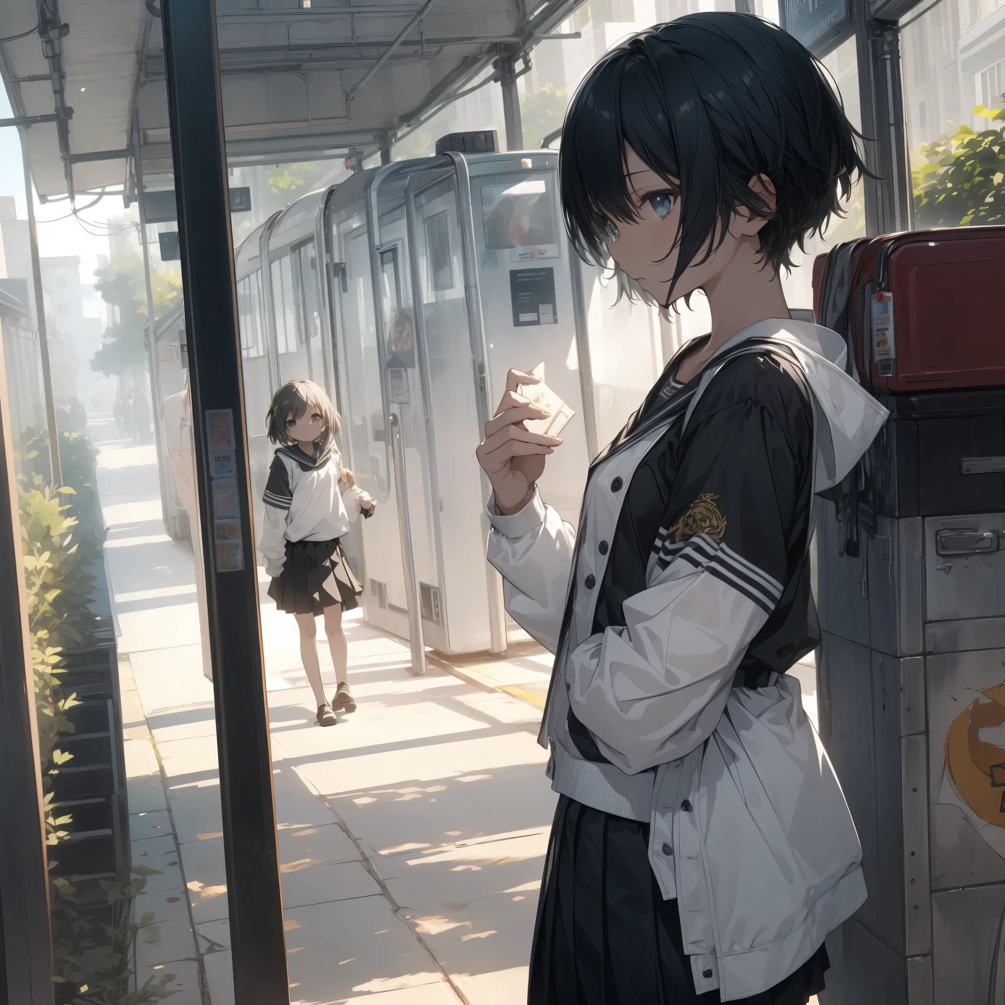 Super high quality by the art god, super detailed, High resolution, Shinkai Makoto style, anime moe art style, best anime 8K konachan wallpaper, pixiv contest winner, perfect anatomy, break,(眠そうにalone学校へ行く女の子を描いてください. ),break, 1 girl, (alone,little woman, lolita, , 13 years old:1.3),All limbs, full finger,, androgynous charm, (very short hair), flat chest, Because I&#39;m slender, small ass, between legs, small eyes, beautiful and fine eyes, Well-proportioned iris and pupils, expressive eyes,disgusted eyes, High resolutionの詳細な髪, wearing school uniform, (skirt),(detailed lighting), (detailed background), On the way to school. break,super dense skin, Best lighting by famous artists, 8K, figure,UHD, rough skin