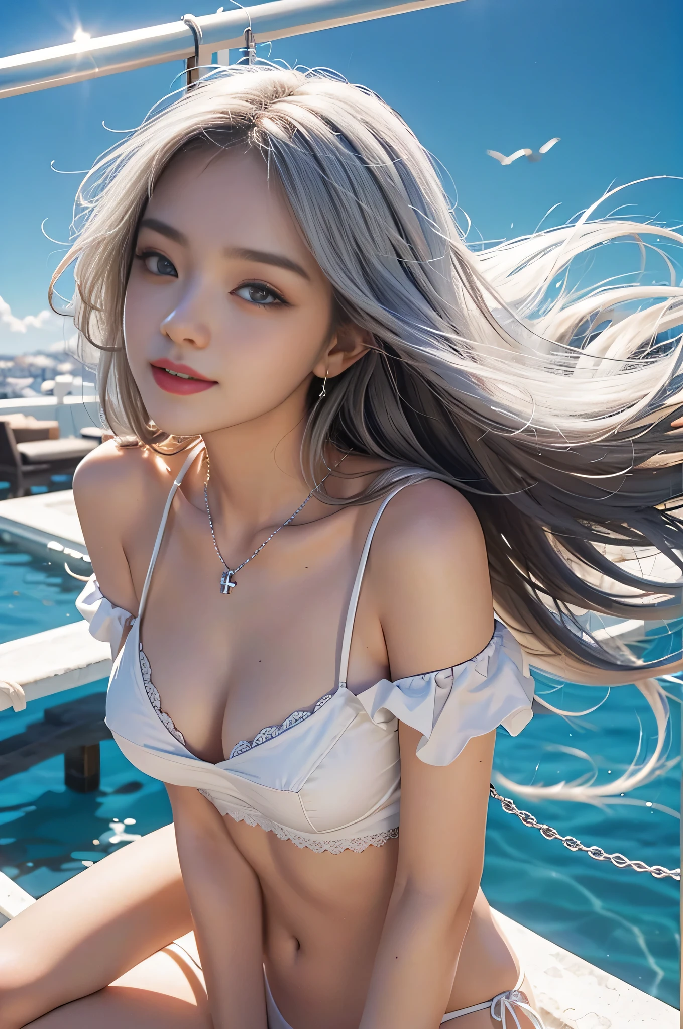 highest quality, ultra high resolution, masterpiece, realistic: 1.8, pores, Accuracy, blue sky, White cloud, Aegean, White House in Santorini, rooftop, pure white、small bikini、Silver Chain Necklace、coin pendant、overflowing breasts, Symbolism as a woman, get used to it, 23 years old, japanese woman,cute, Overflowing smiles,open your mouth、white teeth、medium hair、Holding hair fluttering in the wind with your hands.、