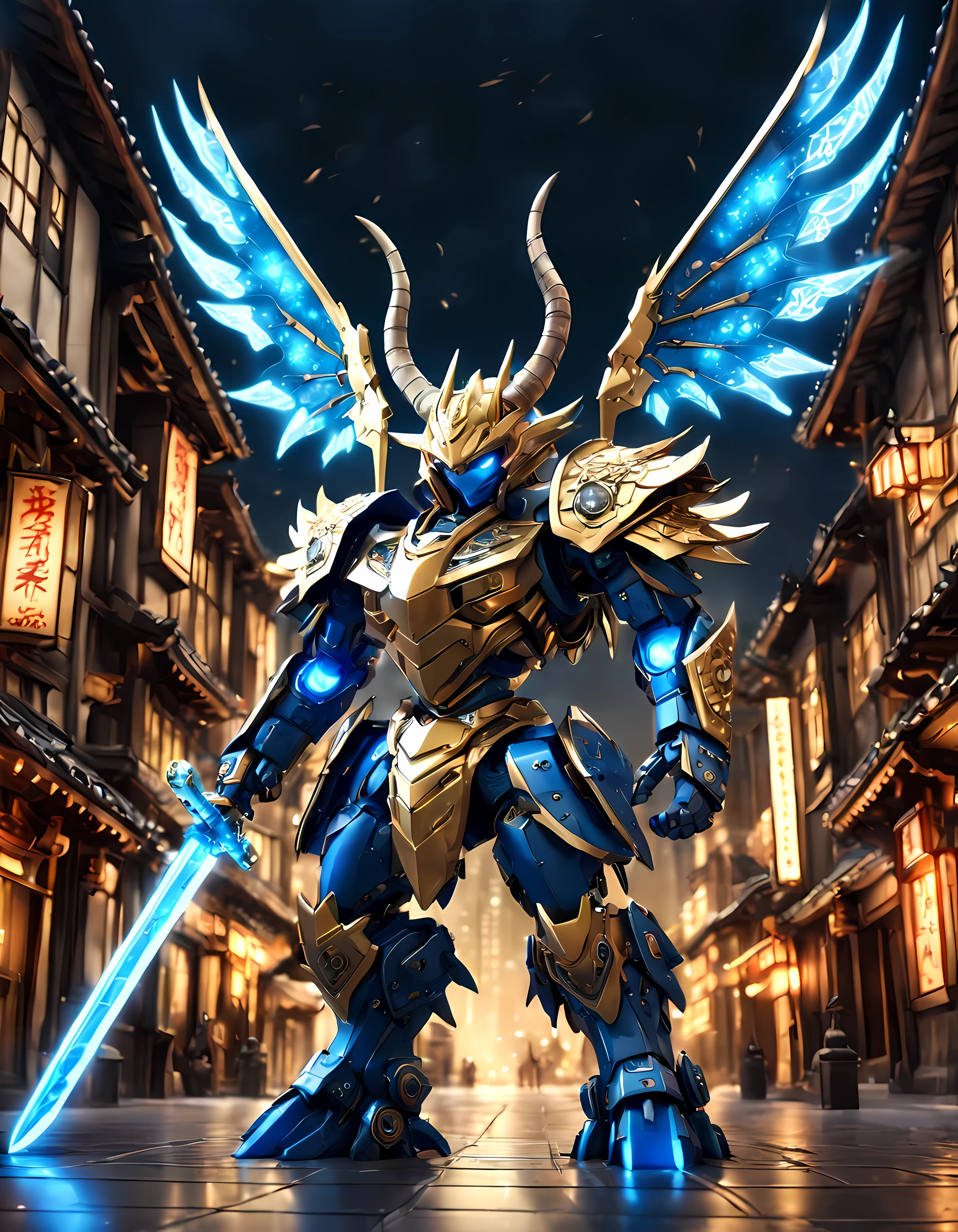 (Cute cartoon style:1.4), (symmetrical full body shot:1.4), masterpiece in maximum 16K resolution, colossal metallic majestic ([samurai: dragon mech: 0.4]) (((flying))) amidst a medieval night city. | ((Wielding a colossal katana crackling with electric energy)). | (Horns, wide wings emanating blue energy). | (Golden intricate mechanical parts). | ((More_Detail))