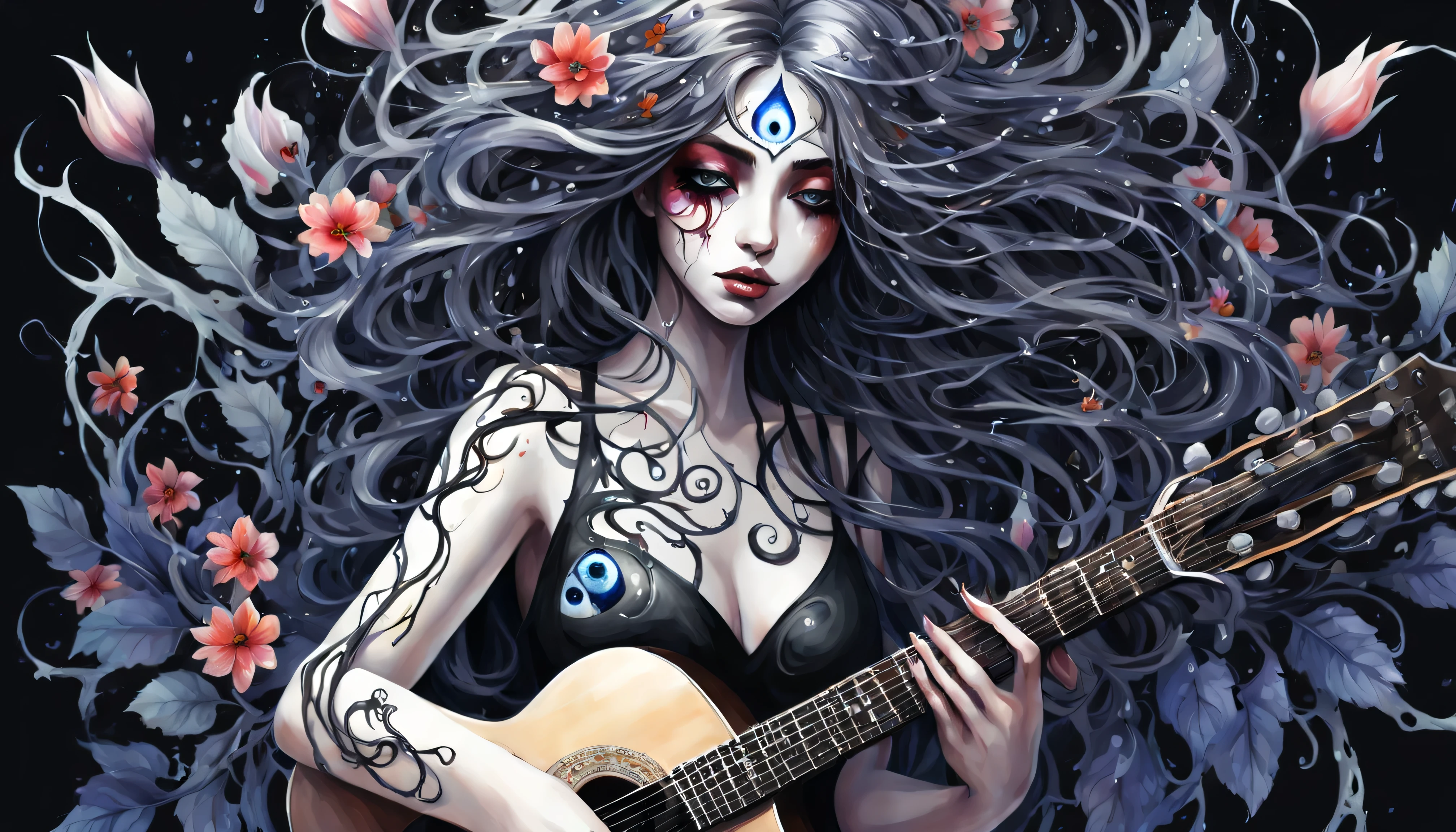 Watercolor Paint, Dangerous girl'position of the center of the entire body'head of, Holding a guitar, evil eye flower, vines, with the darkest splash, Focusing on dark fantasy fractal flowers, high quality, Drooping rain,the background is white、hair is combed、