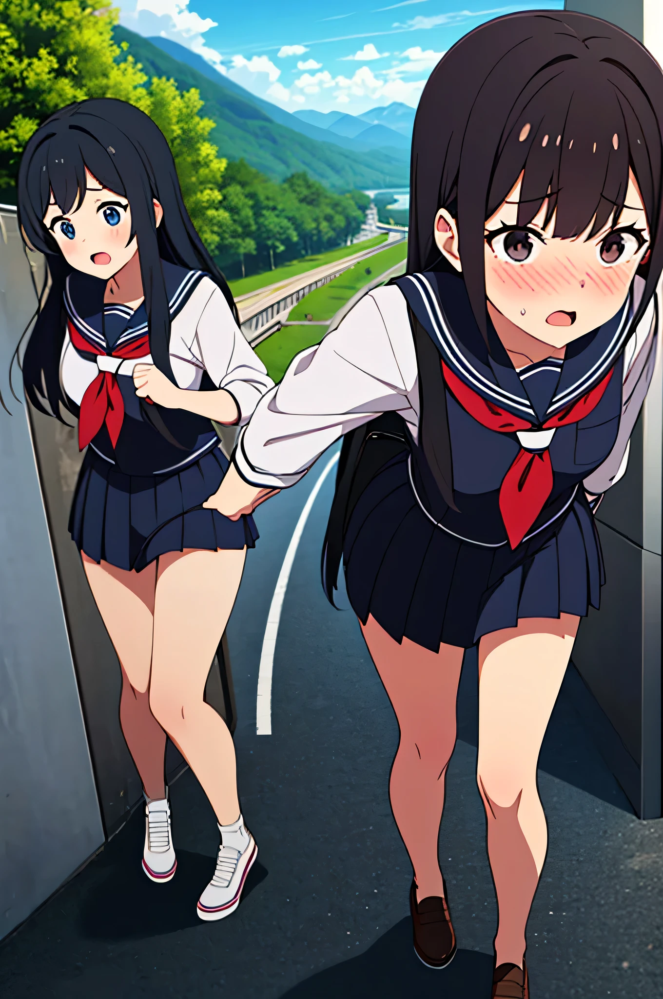 (two women:1.5)　,dark brown hair,black hair,（blush your nose:1.7） ,surprised,open your mouth,(school uniform),（My pants are completely visible:1.7),(very high quality),（red mini skirt）,nature,mountain path,（big droopy eyes:1.5）,（round eyes:1.5）,shiny legs, thighs,cute face,（From above）,river,expensive,public toilet