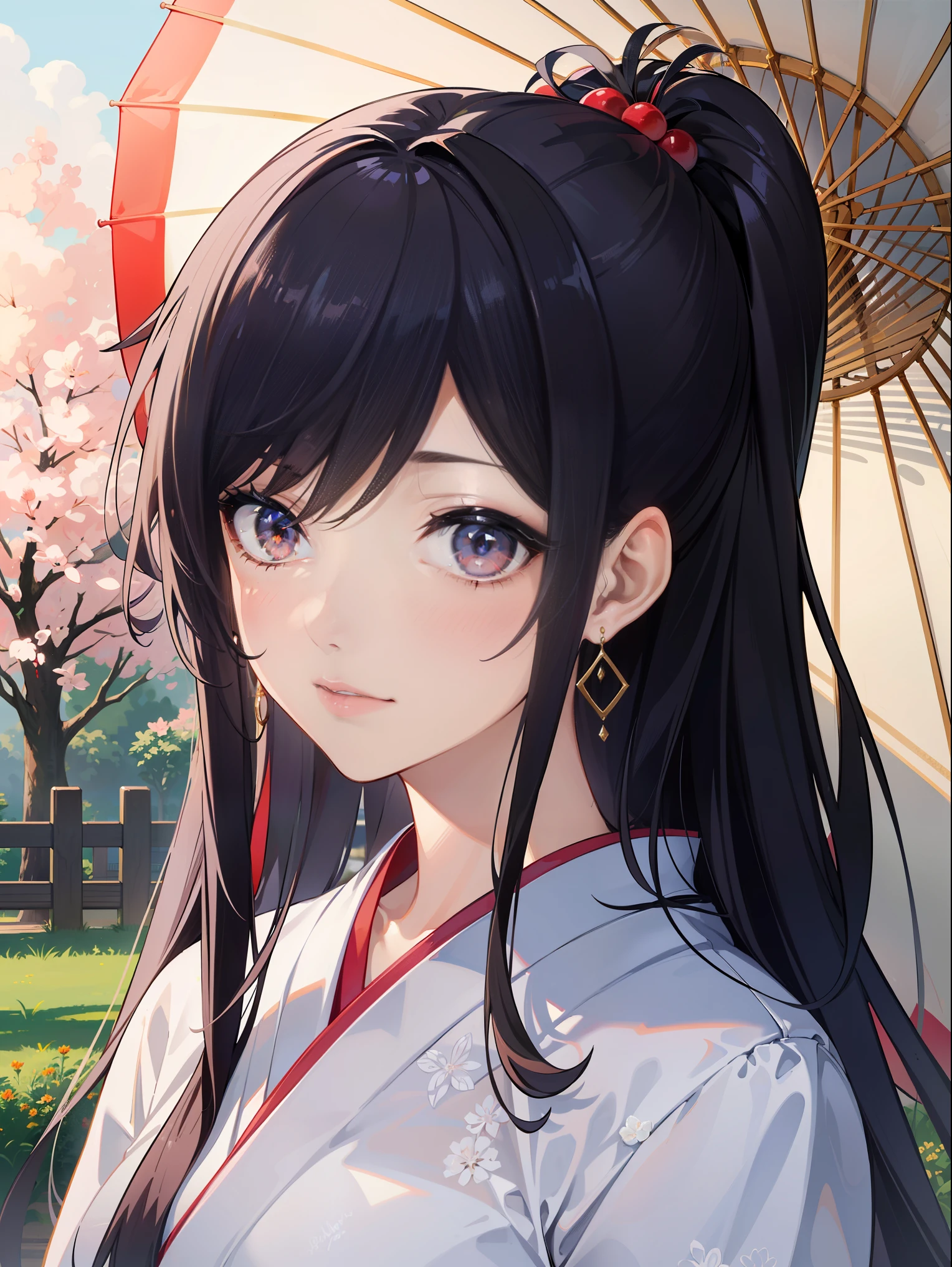 master piece、hyper quality,、Perfect drawing with super detail、solo、Kimono beauty、generally、Japanese clothing、black haired bitch、japanese hair、colorful japanese kimono、octane rendering、nffsw、(super detailed:1.15)、(soft light、sharp:1.2)、1 girl、beautiful girl、highly detailed eyes、mature woman、splat、splash、long colored hair、Rolled up hair、White kimono with super fine texture、(hair ornaments、earrings、)、outside the house、Cherry tree,Red Japanese umbrella