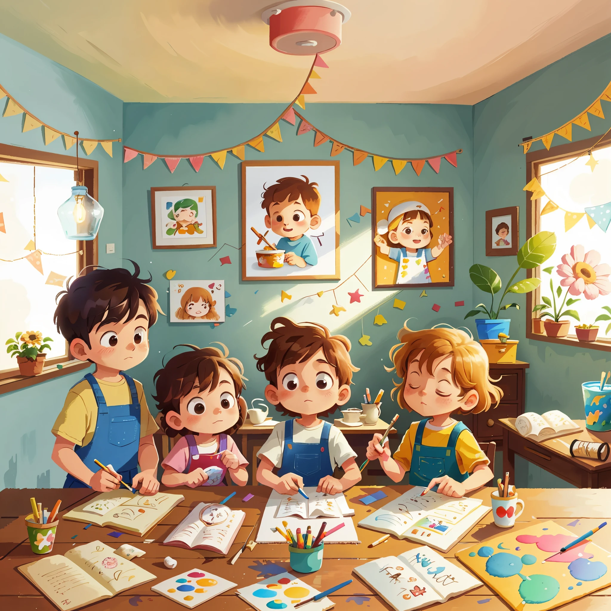 In a cozy house,four children,Painting,Paint cake,happy atmosphere (Amanda Clark and A. J. Watercolor illustration by Carson),Minimalism