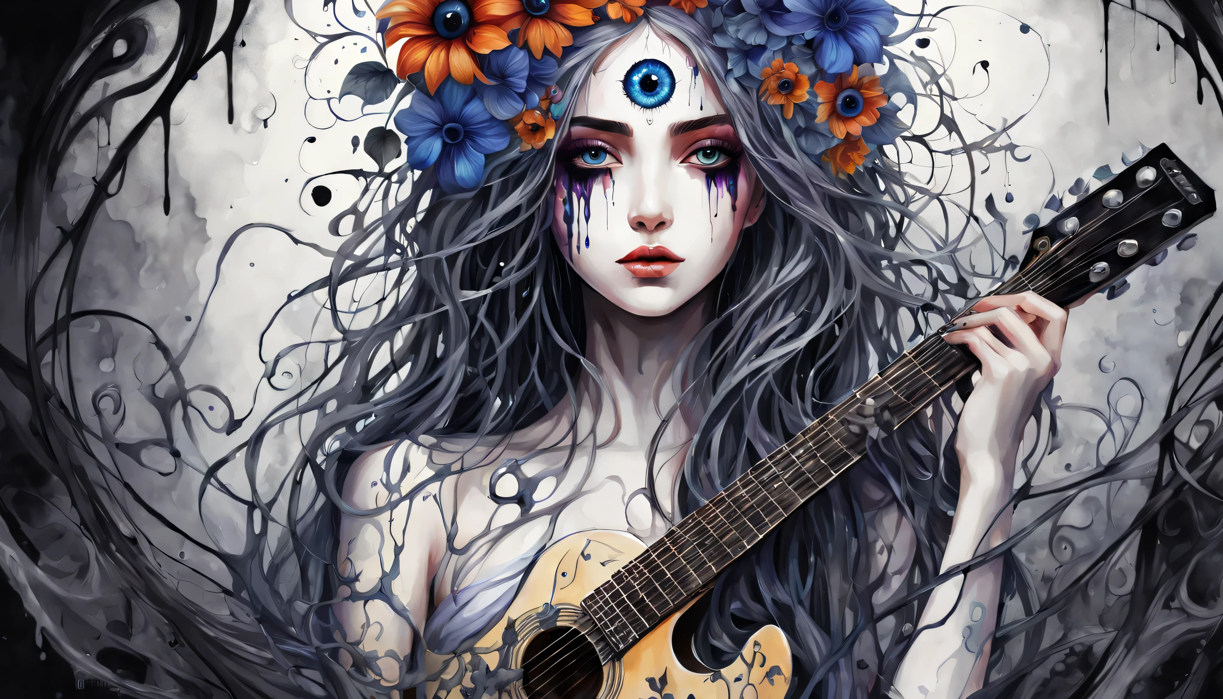 Watercolor Paint, Dangerous girl&#39;position of the center of the entire body&#39;head of, Holding a guitar, evil eye flower, vines, with the darkest splash, Focusing on dark fantasy fractal flowers, high quality, Drooping rain,the background is white、hair is combed、