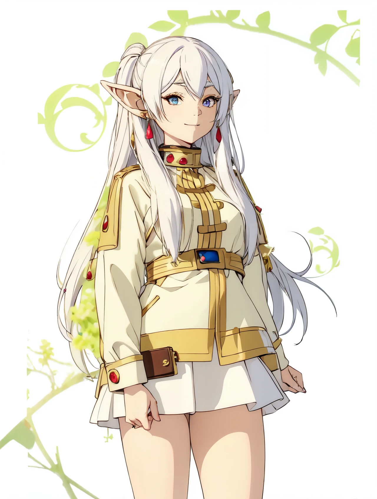 anime elf with long hair and jewels tied into her hair and a coat, the hime cut, white hair, elf, smirk, all just a ploy,