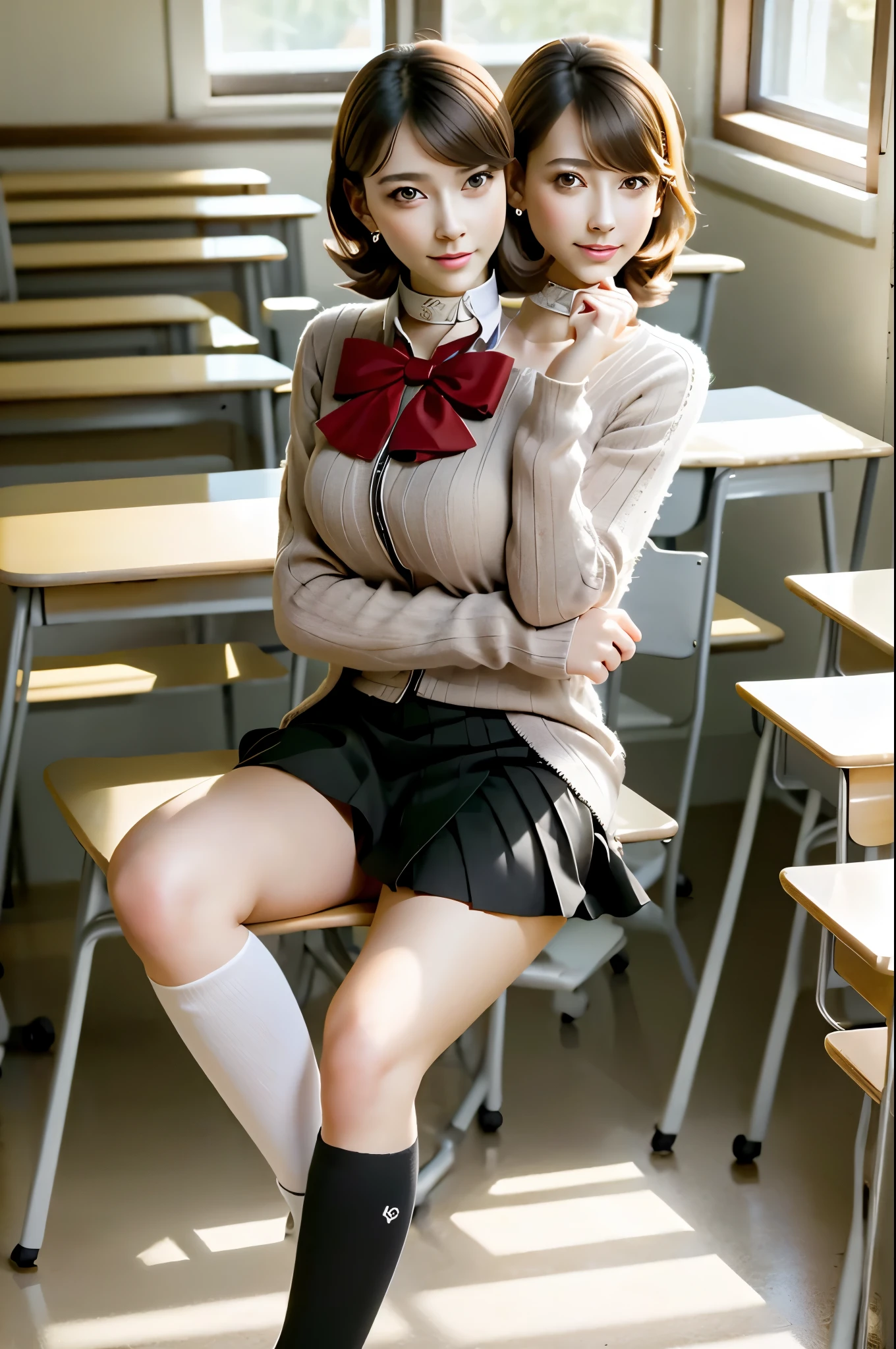 (2heads), (masterpiece, best quality:1.2), solo, 1girl, takebadef, smile, looking at viewer, school uniform, cardigan, bow, skirt, choker, earrings, classroom, beautiful face, sitting, (legs crossed:1.2), full body, realistic lighting, realistic skin, beautiful, 4k, 8k, photograph, realistic, white girl