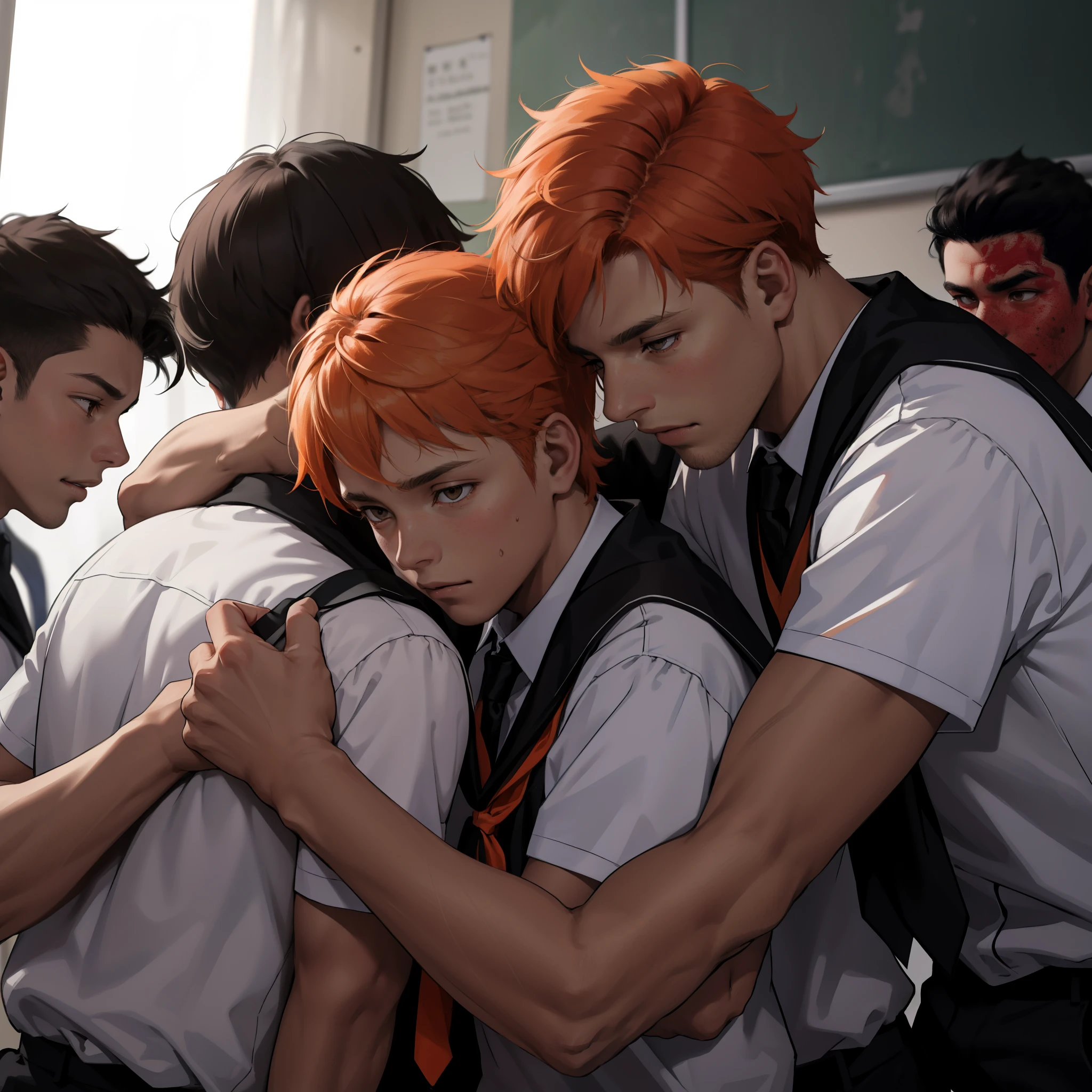15-year-olds with orange hair mourn the death of their brown-skinned children, hermano latino de pelo naranja, estan en la escuela hablan preocupados sobre algo importante