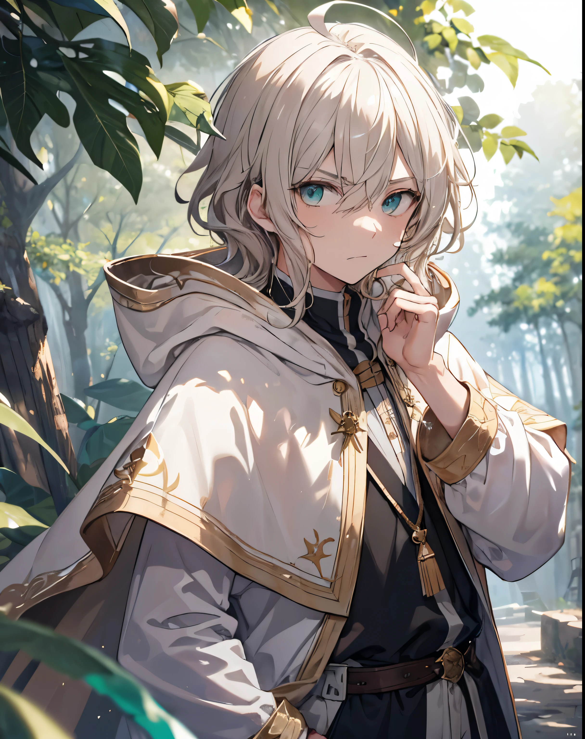 masterpiece, 1men, sparrow, a silver blonde haired men, wearing a medieval villager clothes, curly medium hair, messy hair, slim body, wearing golden capelet with white hoody, he close her left eye, shirt ornament, angry expression, aqua eyes, stand at forest, ahoge, he wearing her hoody,