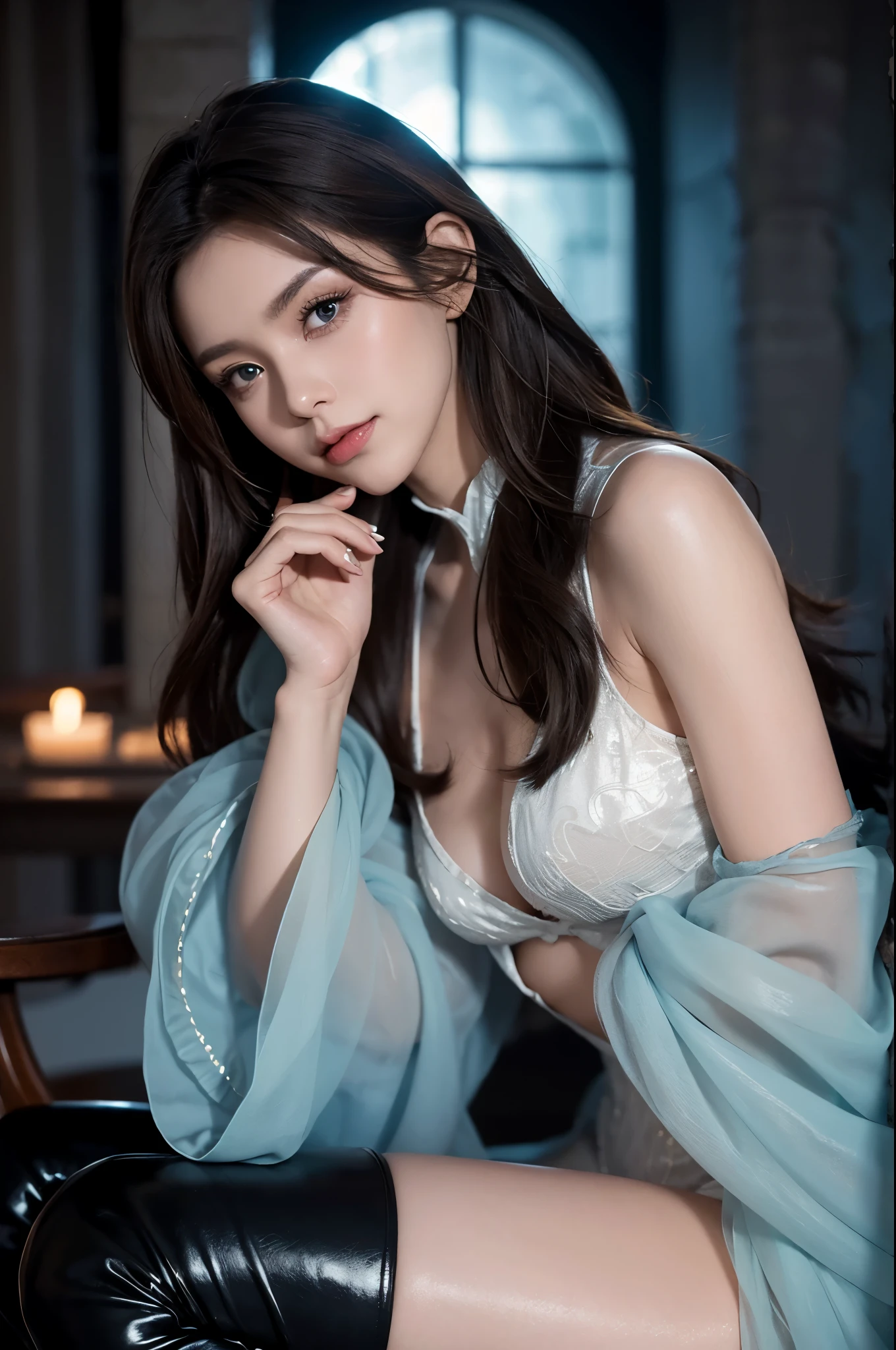 photo of a Kenyan female, adult, big figure, light Brown hair, feathered haircut, big lips, Blue eyes, Dark makeup, Charming Grin, wearing g0thsh33rb0dysu1t, thigh boots, see-through leotard, wide sleeves, long sleeves,One hand on chin, looking thoughtful, dark scene, horror, old crypt, candlelight, Backlighting,(logo, icon, circle frame:1.2)