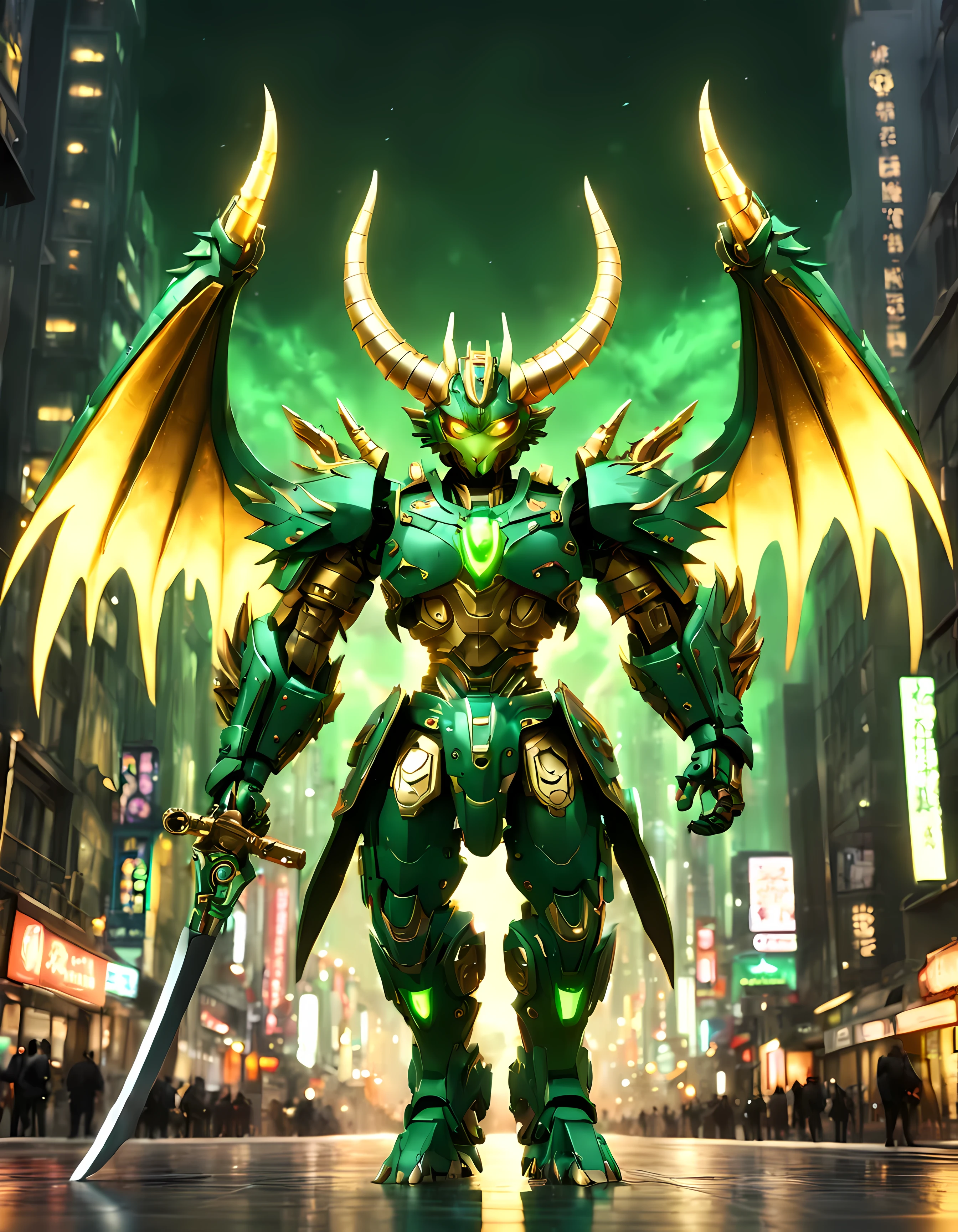 (Cute cartoon style:1.4), (symmetrical full body shot:1.4), masterpiece in maximum 16K resolution, colossal metallic majestic ([samurai: dragon mech: 0.4]) (((flying))) amidst a metropolis at night. | ((Wielding a colossal katana crackling with electric energy)). | (Horns, wide wings emanating green energy). | (Golden intricate mechanical parts). | ((More_Detail))