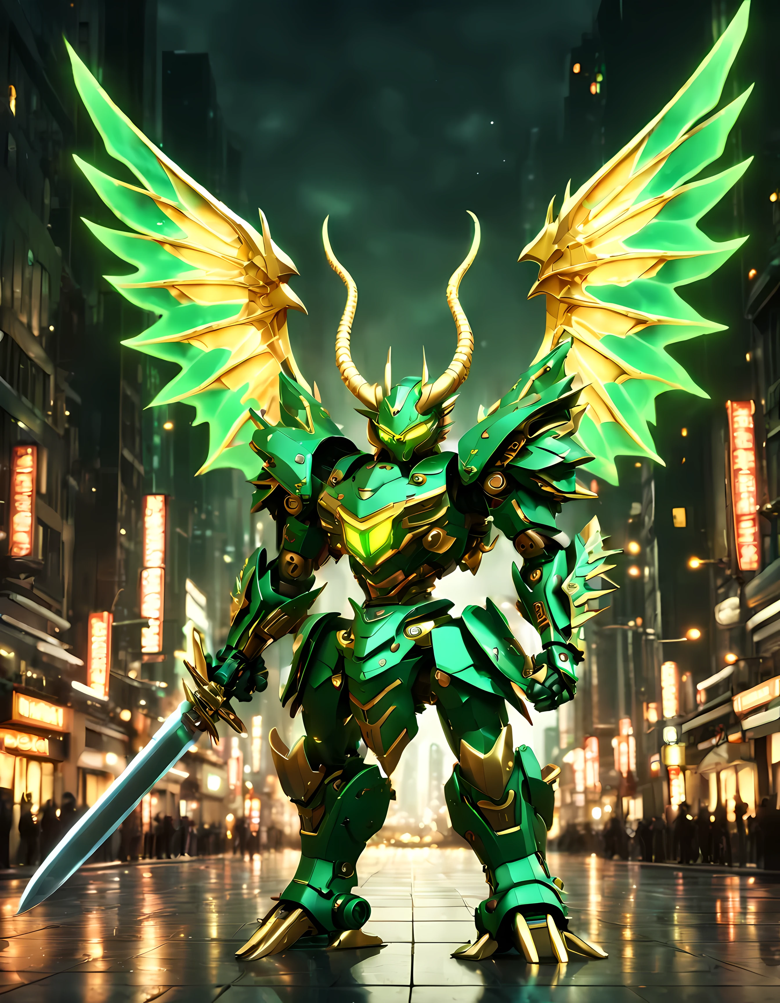 (Cute cartoon style:1.4), (symmetrical full body shot:1.4), masterpiece in maximum 16K resolution, colossal metallic majestic ([samurai: dragon mech: 0.4]) (((flying))) amidst a medieval city at enchanting night. | ((Wielding a colossal katana crackling with electric energy)). | (Horns, wide wings emanating blue energy). | (Golden intricate mechanical parts). | ((More_Detail))