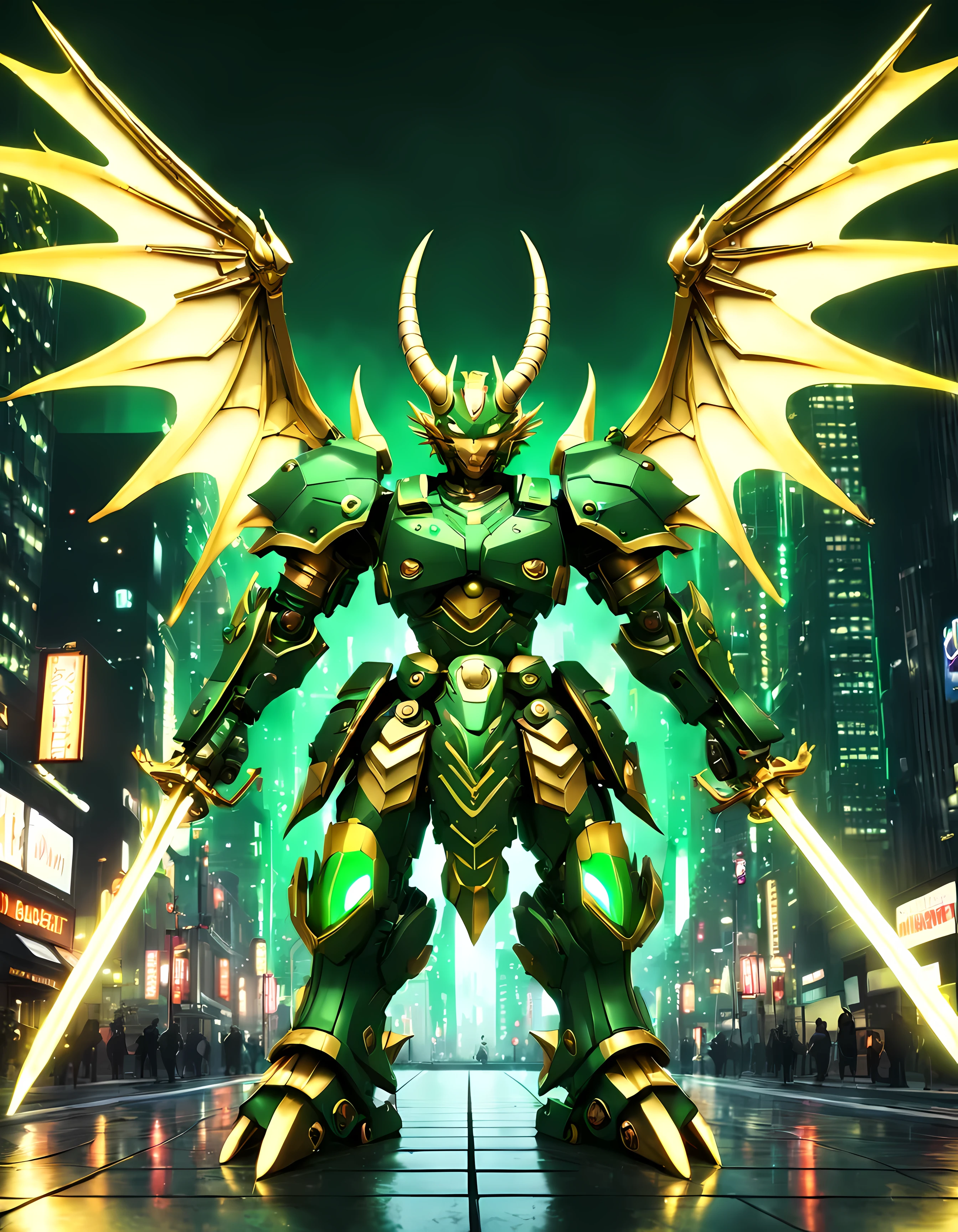 (Cute cartoon style:1.4), (symmetrical full body shot:1.4), masterpiece in maximum 16K resolution, colossal metallic majestic ([samurai: dragon mech: 0.4]) (((flying))) amidst a metropolis at dark night. | ((Wielding a colossal katana crackling with electric energy)). | (Horns, wide wings emanating green energy). | (Golden intricate mechanical parts). | ((More_Detail))