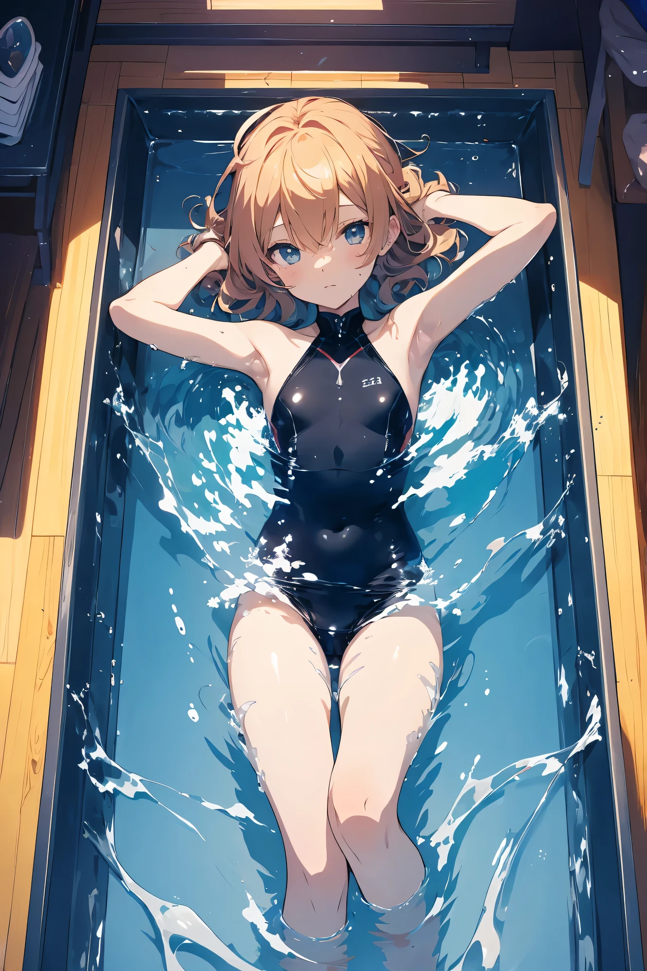 Super high quality by the art god, super detailed, High resolution, Shinkai Makoto style, anime moe art style, best anime 8K konachan wallpaper, pixiv contest winner, perfect anatomy, break,(Please draw a picture of a girl floating in a pool.)full body image,view from above,break, 1 girl, (alone,little woman,ta, , 13 y),All limbs, full finger,relaxation, floating, sleeping on one's back, androgynous charm, Wet,(very short hair), messy hair, flat chest, Because I'm slender, small ass, between legs, small eyes, beautiful and fine eyes, Well-proportioned iris and pupils, expressive eyes, beautiful detailed lips, High resolutionの詳細な髪, swimsuit, (detailed lighting), (detailed background), on the pool water, in School pool, break,super dense skin, Best lighting by famous artists, 8K, cute illustration,UHD, rough skin