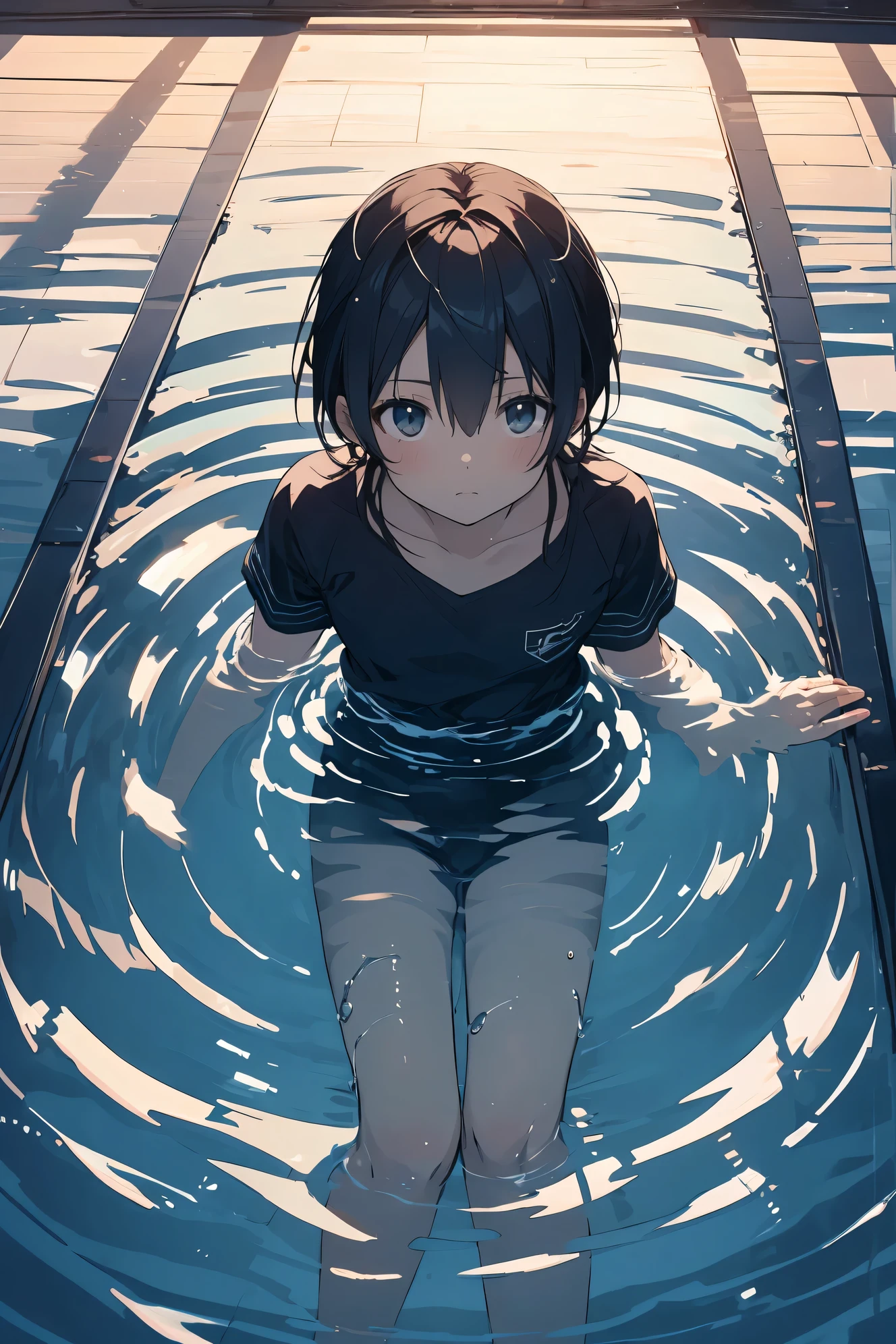 Super high quality by the art god, super detailed, High resolution, Shinkai Makoto style, anime moe art style, best anime 8K konachan wallpaper, pixiv contest winner, perfect anatomy, break,(Please draw a picture of a girl floating in a pool.)full body image,view from above,break, 1 girl, (alone,little woman,lolita, , ************:1.3),All limbs, full finger,relaxation, floating, sleeping on one&#39;s back, androgynous charm, Wet,(very short hair), messy hair, flat chest, Because I&#39;m slender, small ass, between legs, small eyes, beautiful and fine eyes, Well-proportioned iris and pupils, expressive eyes, beautiful detailed lips, High resolutionの詳細な髪, swimsuit, (detailed lighting), (detailed background), on the pool water, in  School pool, break,super dense skin, Best lighting by famous artists, 8K, cute illustration,UHD, rough skin