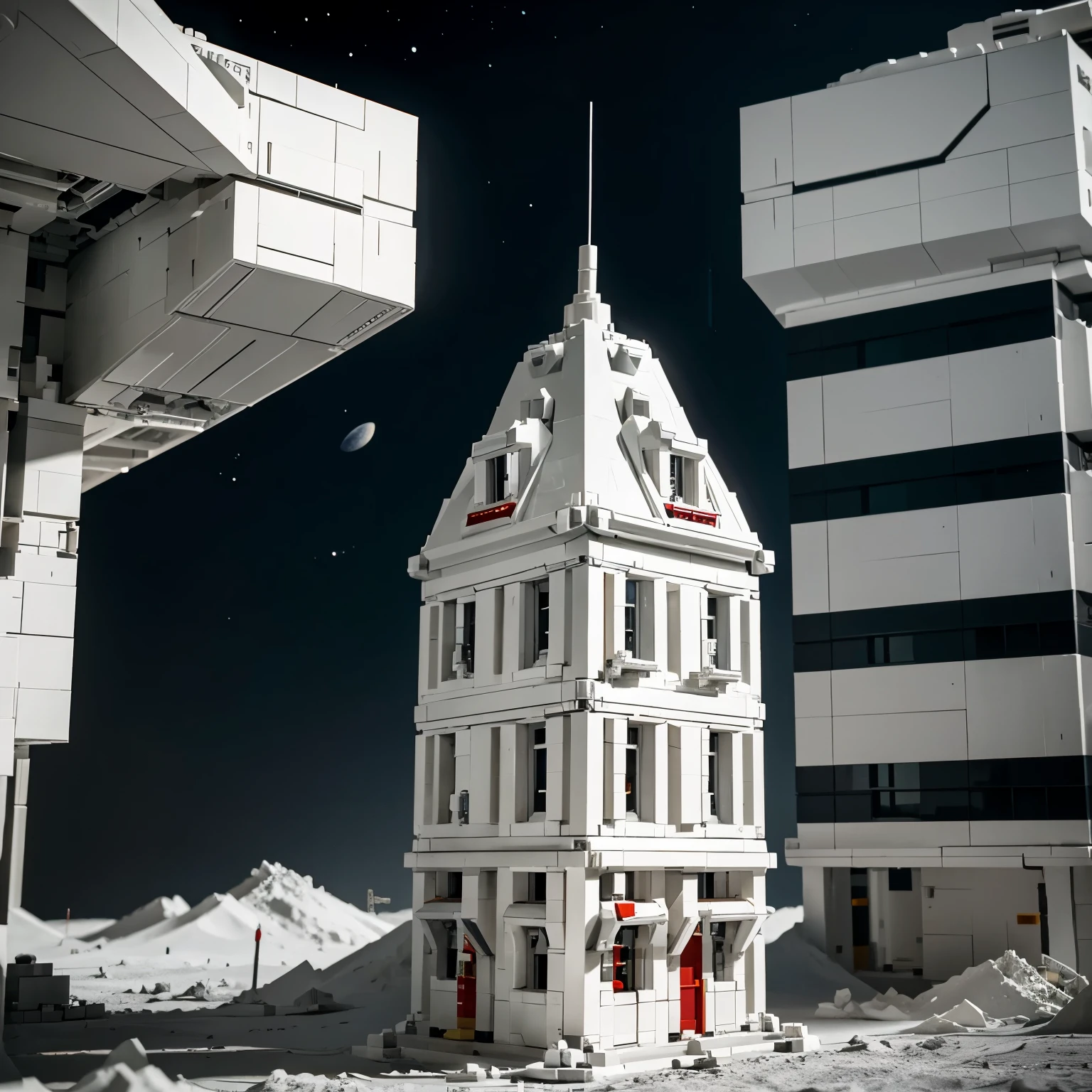White gundam building Lego houses on a moon