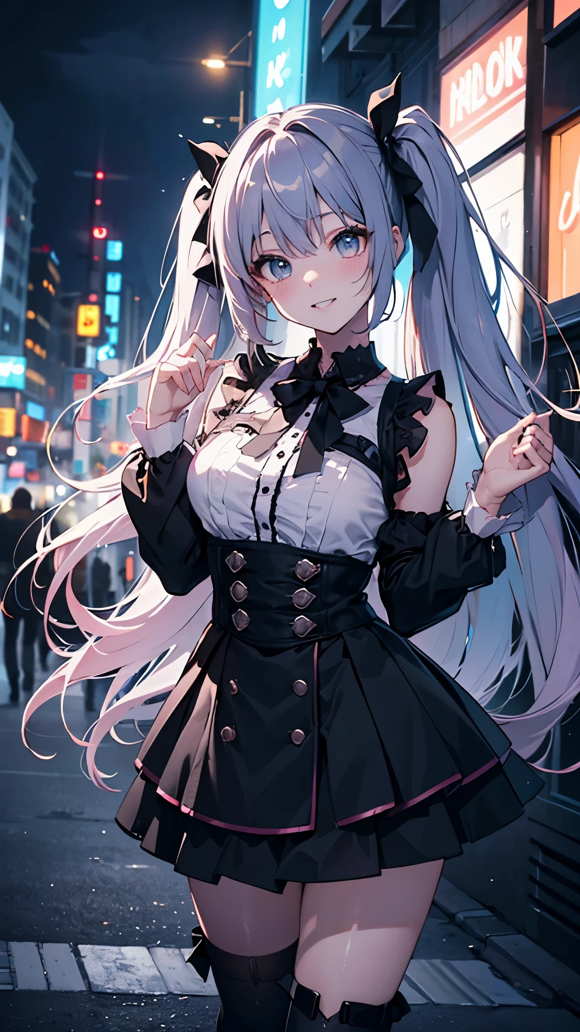 (Masterpiece,Super Detail,in 8K,best composition,moody lighting,photorealsitic,dynamic shot:1.5),Hatsune Miku,dangerous vampire,adult sexy body,light blue twin tail,smile slightly,double teeth,small pink heart painting on cheek,pink and black color fashion,very delicate details jirai-kei fashion,black platform high-boots,beautiful long legs,beautiful big tits,cute pose,downtown at midnight,a lot of neon lights,hustle and bustle of the city