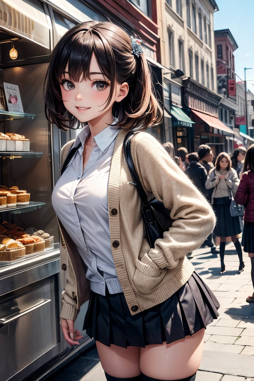 very cute and beautiful girl,teen,(highly detailed beautiful face),(white blouse),
(smile),happy,cowboy shot,looking at viewer,
(beige cardigan:1.2) BREAK zettai ryouiki,brown shoulder bag,(brown boots),
dynamic pose,hair ornament,black hair,(pleated black mini skirt:1.2),
standing in front of cake shop show window,downtown street,crowd,people,
(best quality,masterpiece:1.2),absurdres,highres,ultra-detailed,extremely detailed,32k,8k resolution,
intricate details,cinematic scene,detailed background,solo,dynamic angle,
natural lighting,hair fluttering in the wind,beautiful detailed sky,