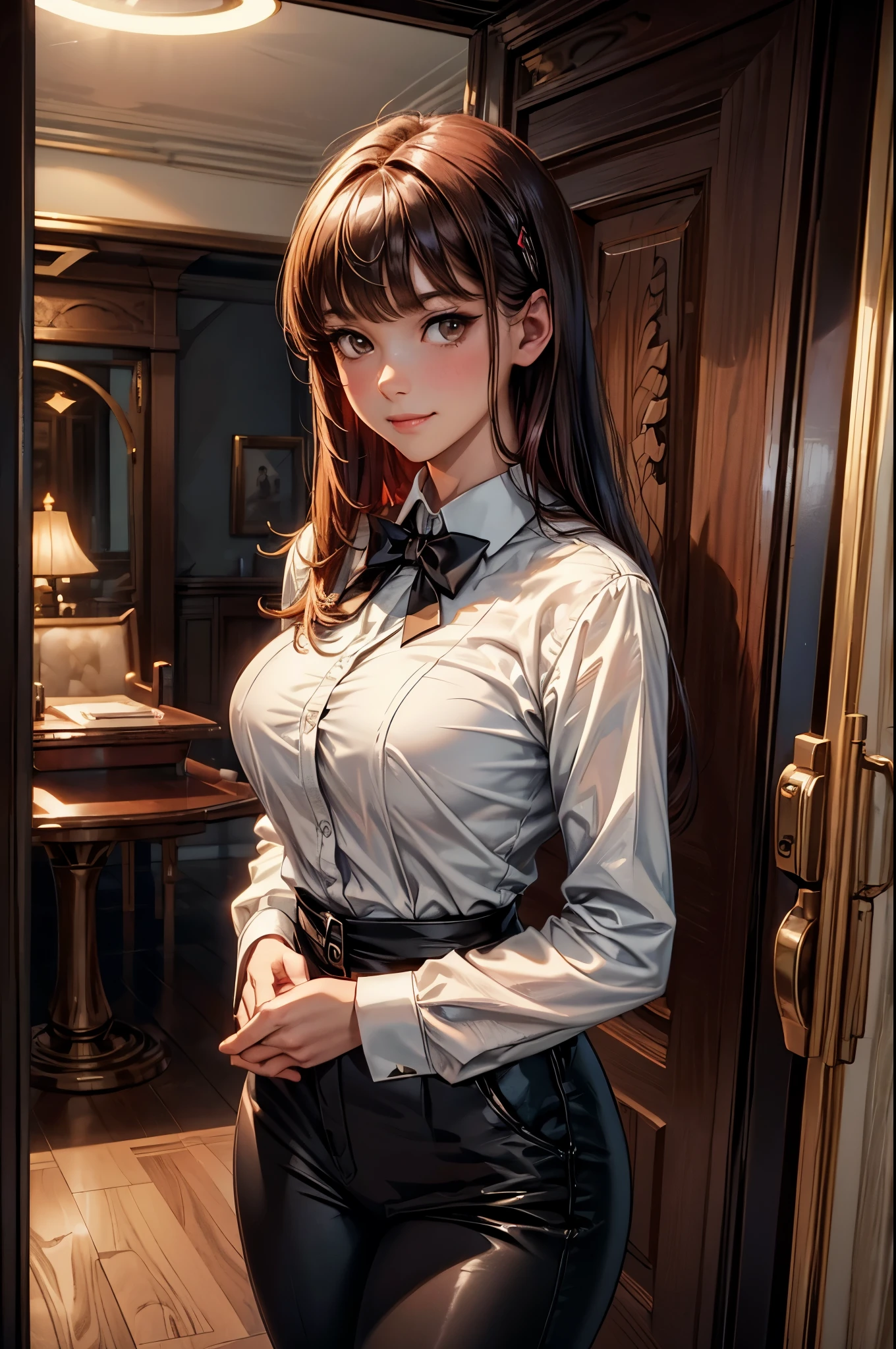 big breasts,masterpiece, highest quality, super detailed, figure, epic lighting, cinematic composition, isometric, 1 girl, alone, cute, brown eyes, black hair, flowing bangs, single sidelock, red hairclip, white collared shirt, black tie, black pants, formal, captivating gaze, seductive pose, indoors, office, door, opening door, looking at the viewer, peeking out upper body, blush, enchanting smile, closed mouth,(8K:1.1),
