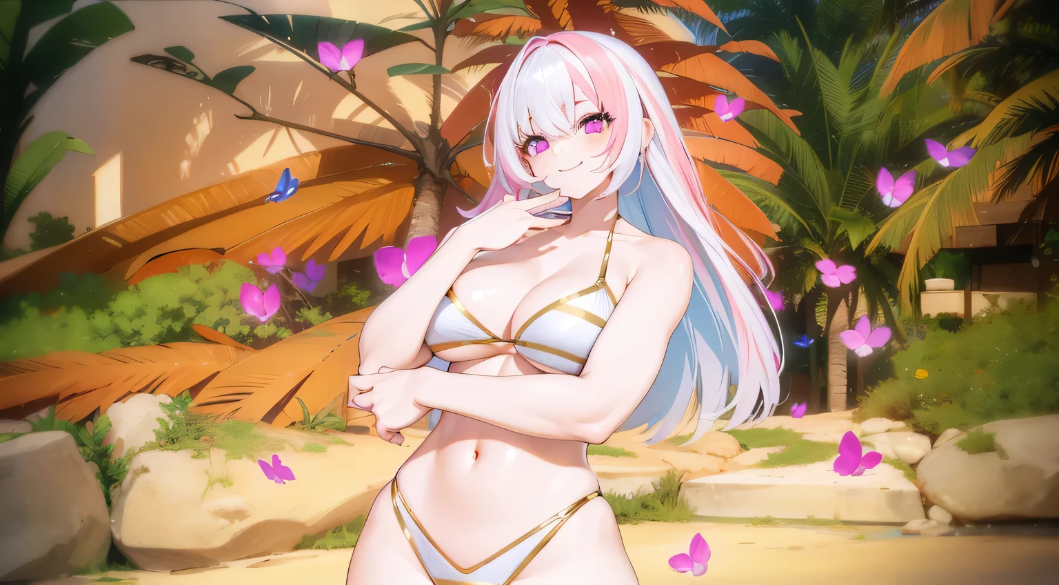 ultra Detailed eyes,blends skin,big breasts,pink eyes,bikini,smile,Two tone hair,pink hair tips,woman,Detailed eyes