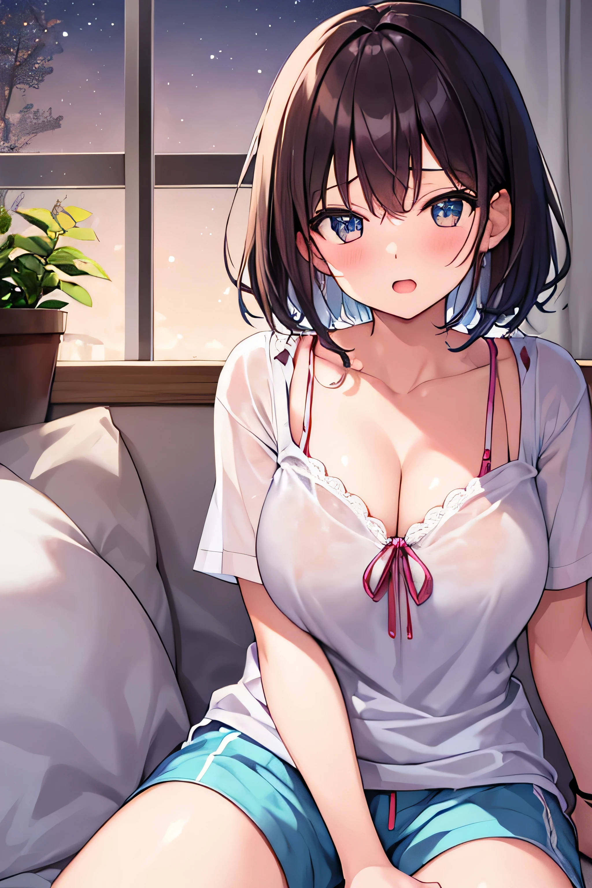 masterpiece、Highest image quality、ultra high resolution、NSFW、big breasted elementary school girl、short hair、red face、shyly、mock、Please open your mouth just a little、Pajamas that show cleavage for elementary school girls、Lounge shorts for elementary school girls、sitting on the sofa、inside the living room at night、at night